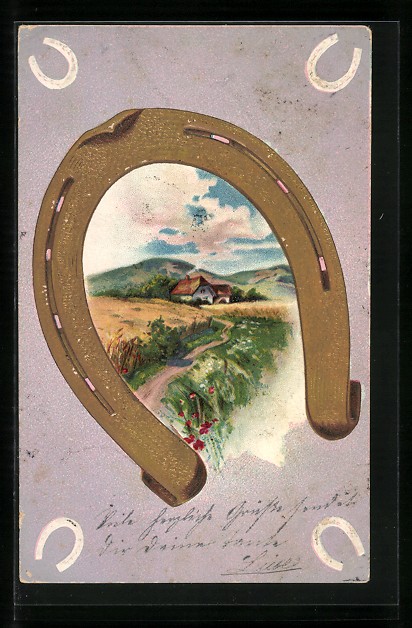 Cartolina Paesaggio idilliaco incorniciato da ferro di cavallo dorato 1905