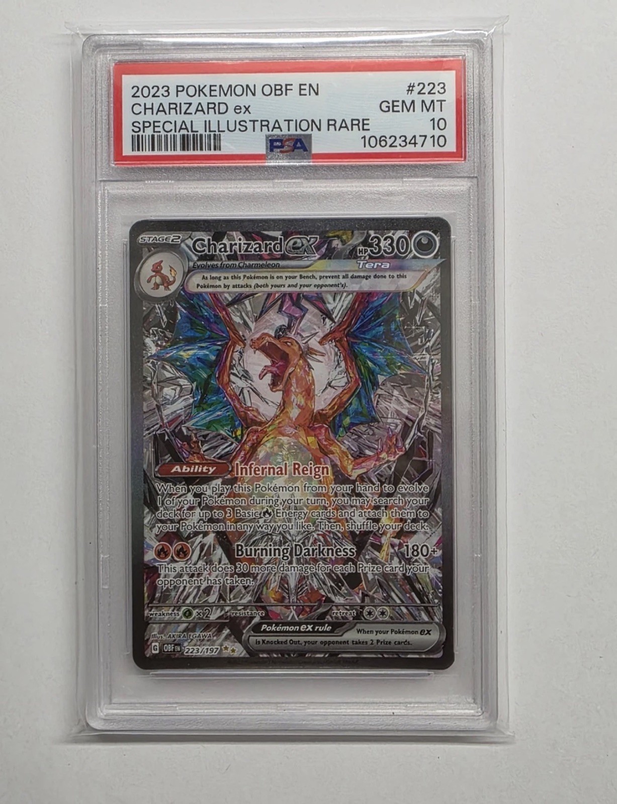 2023 POKEMON OBF EN # 223 CHARIZARD EX ILLUSTRAZIONE SPECIALE RARA PSA 10