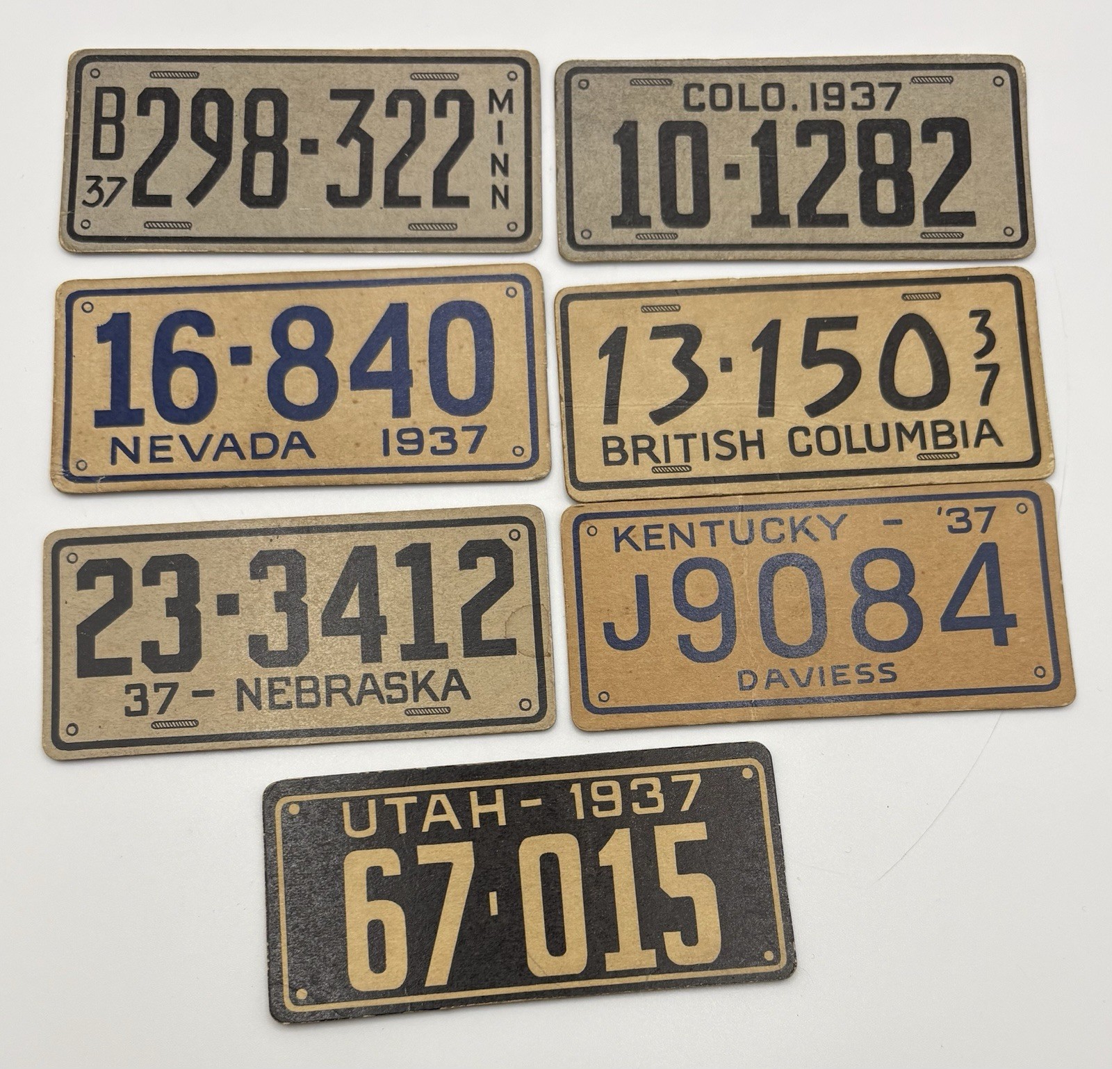 1937 Goudey Gum Co MINN/NEV/NEB/UTAH/COL/BC KENTUCKY TARGHE FINTE lotto di 7