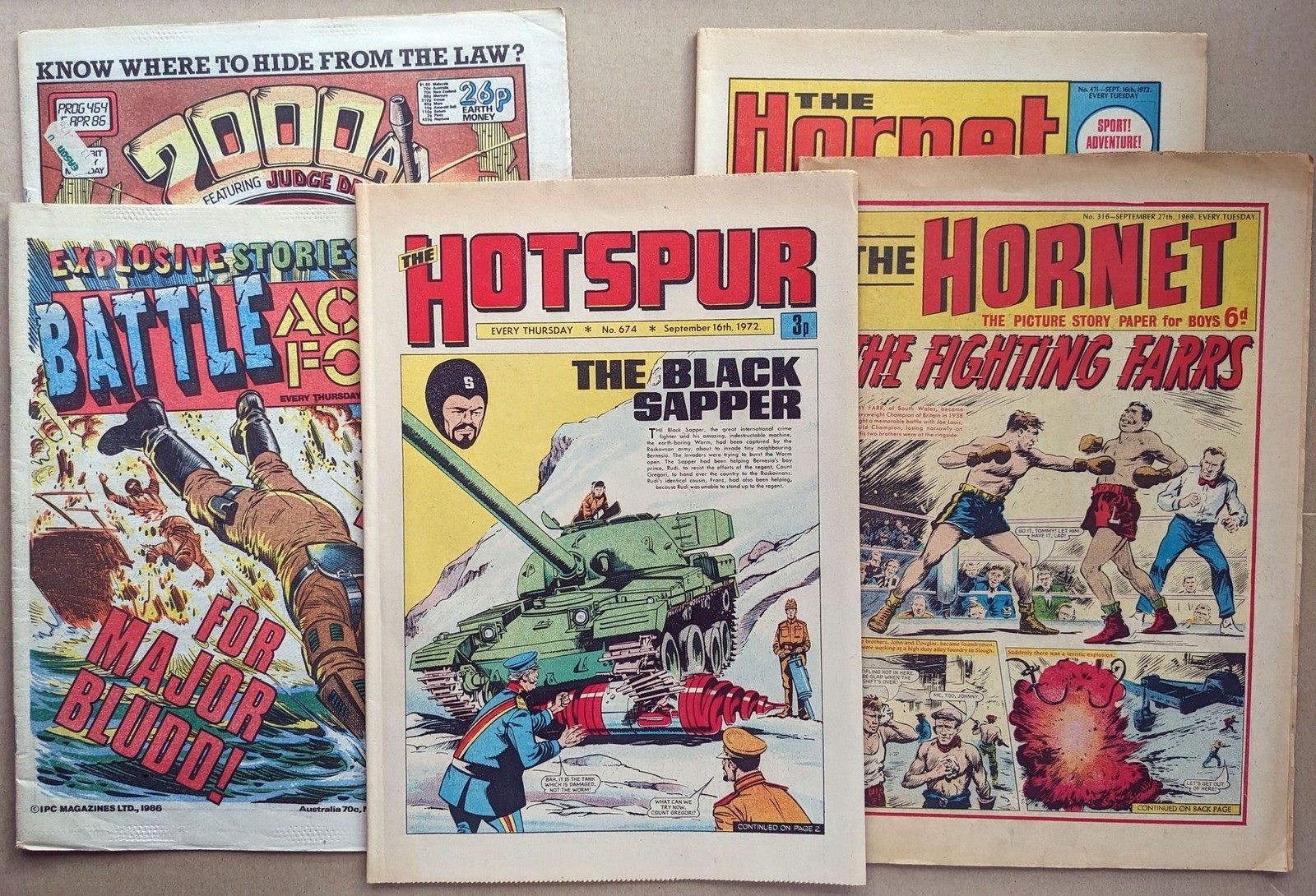 5x UK Weeklies 1969-86: HOTSPUR 674 HORNET 316, 471 2000 AD 464 BATTLE ACTION F.
