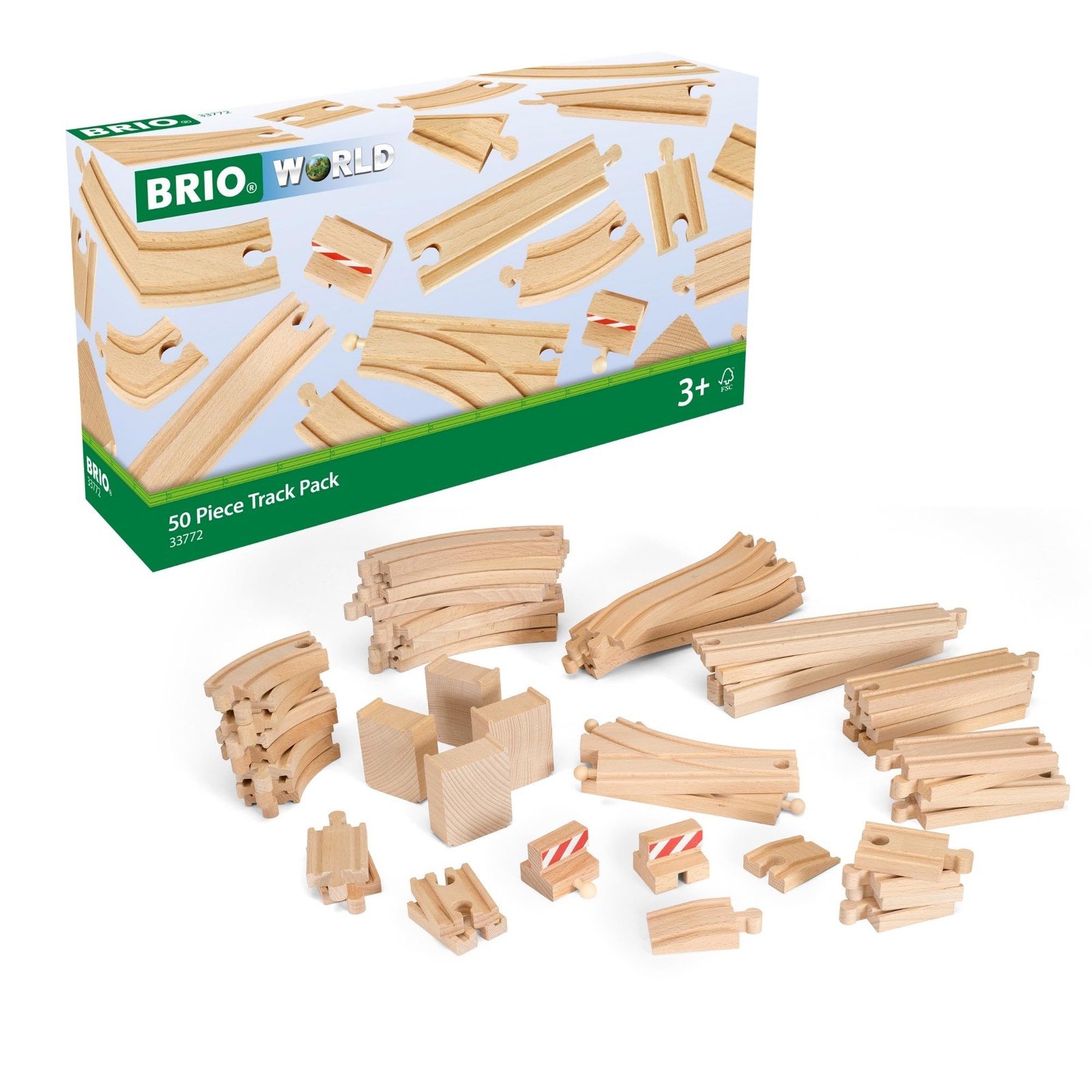 Wooden Train Track 50Piece Set FSCCertified Compatible with All Railway Sets