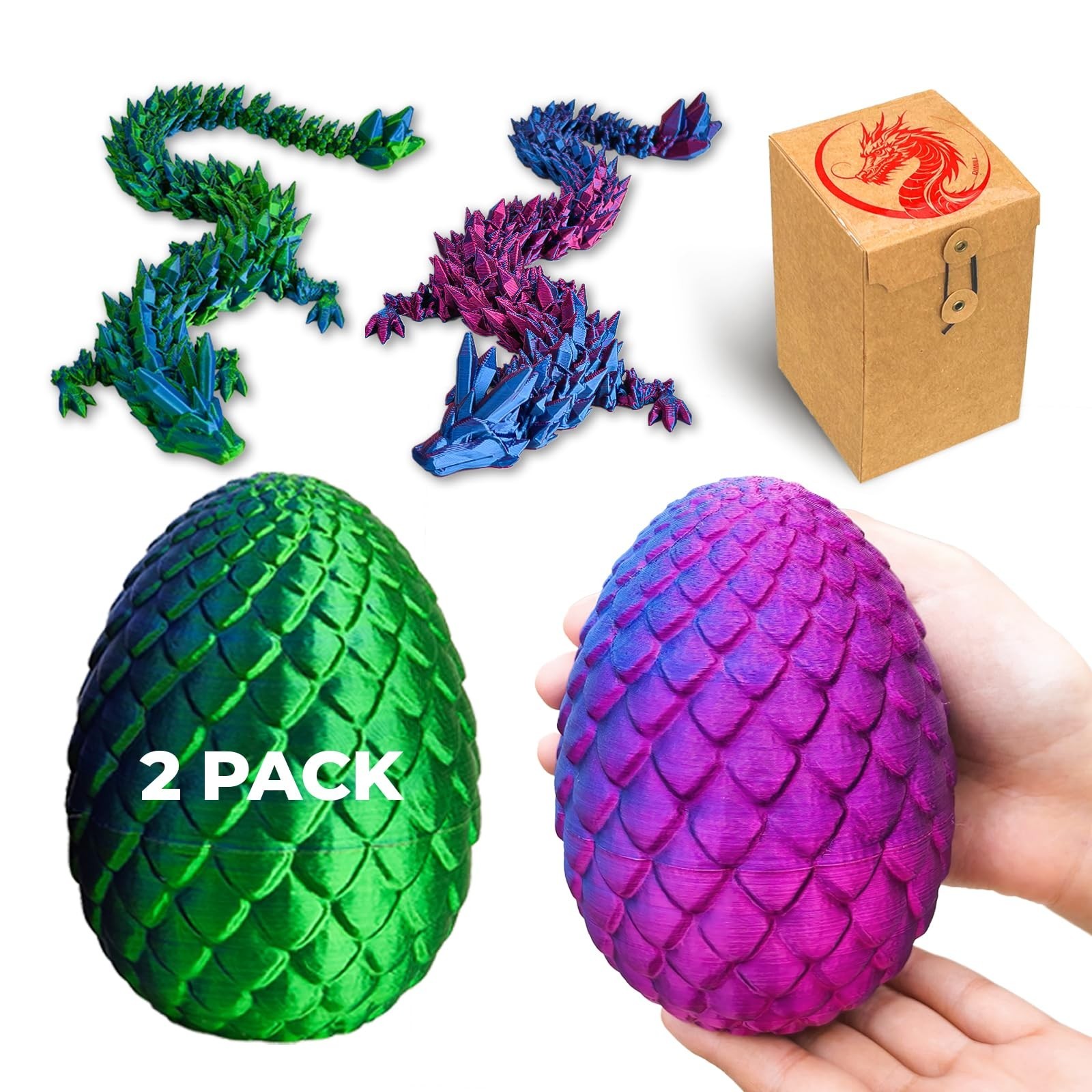 2 Pack 12 inch 3D Printed Mystery Dragon Egg with Dragon Inside