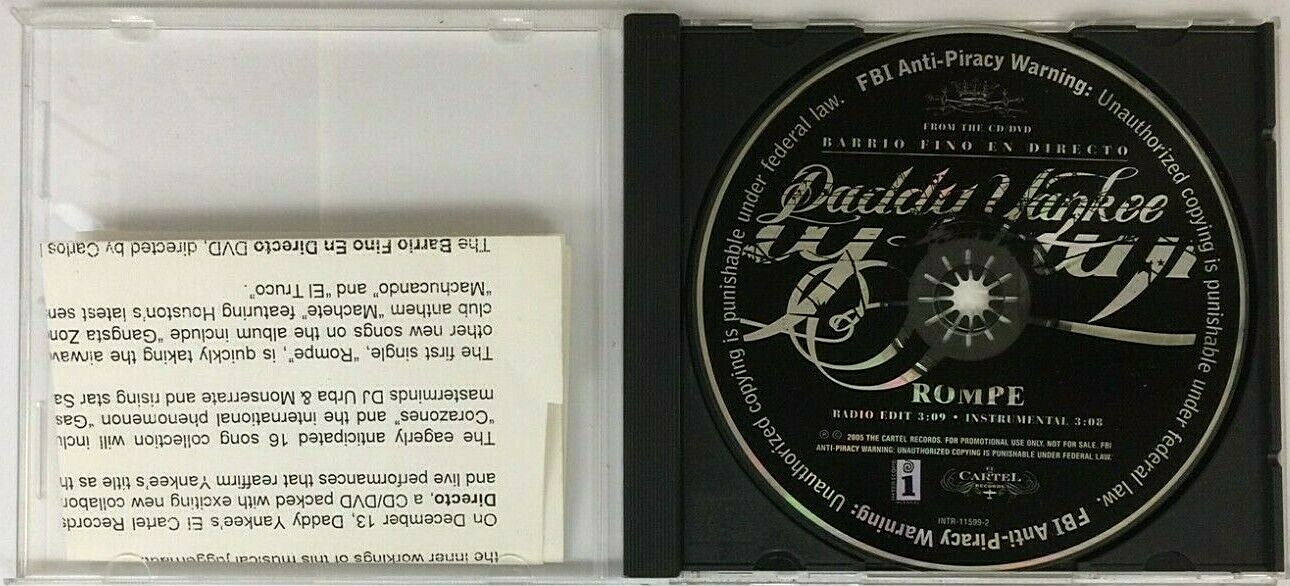 DADDY YANKEE Rompe AUDIO CD Radio Edit + Instrumental RARE Geffen Pre-Release