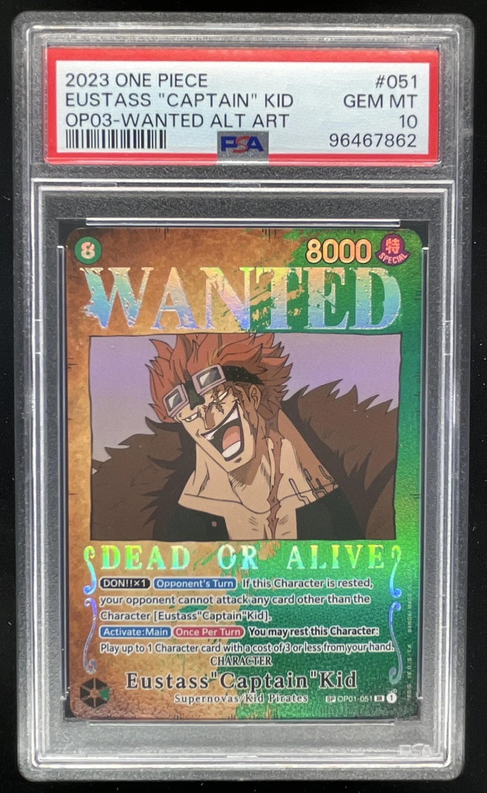 2023 One Piece Eustass "Capitan" Kid Wanted arte alternativa super rara #51 PSA 10