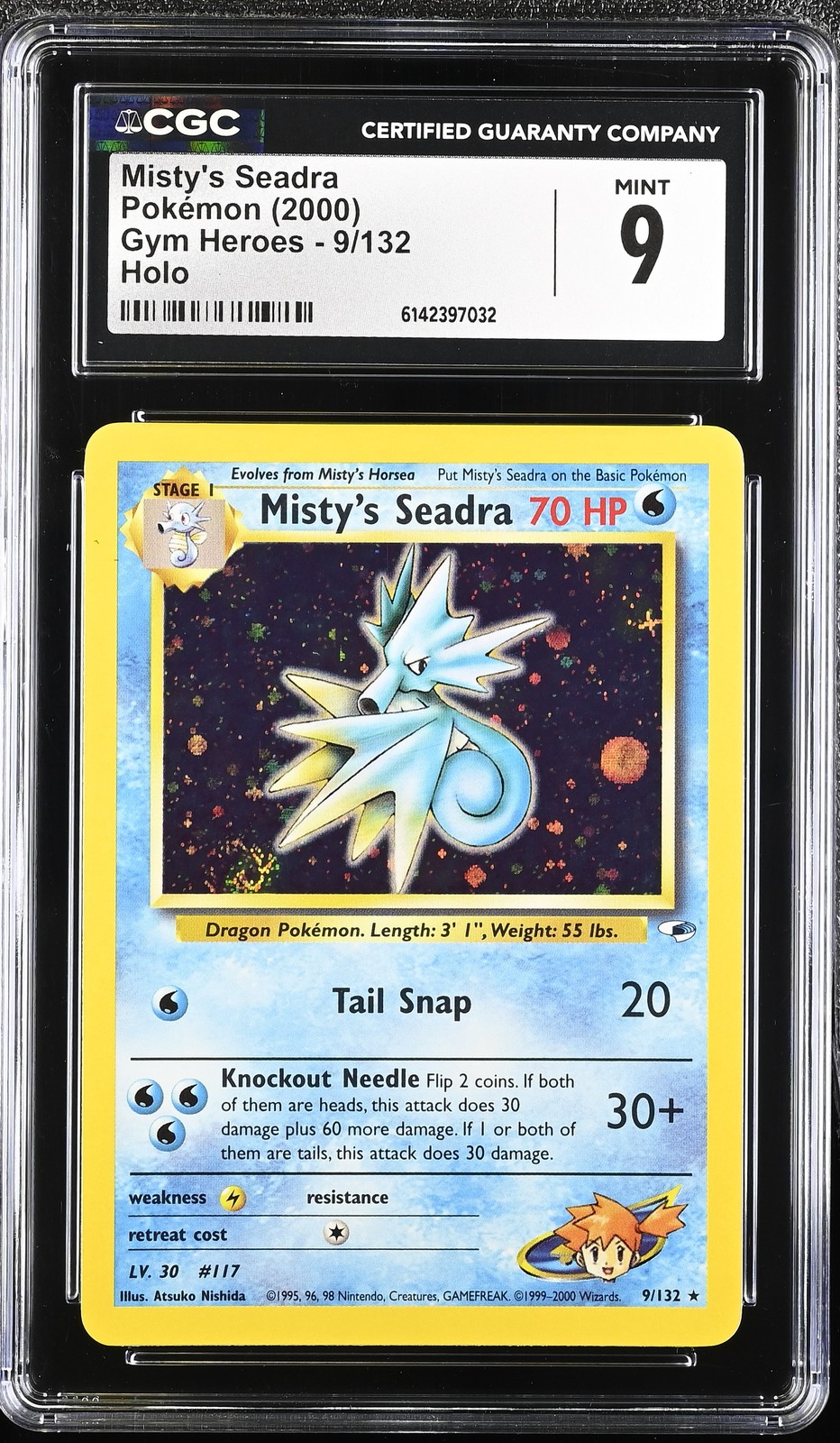 CGC 9 MINT Misty's Seadra 9/132 Gym Heroes Holo Swirl Carta Pokemon