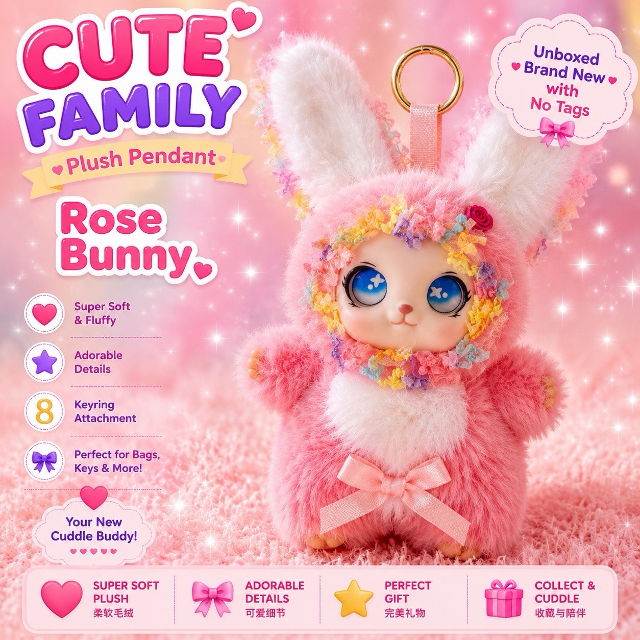 CUTE FAMILY ROSE BUNNY PLUSH PENDANT KEYRING BRAND NEW KAWAII COLLECTIBLE