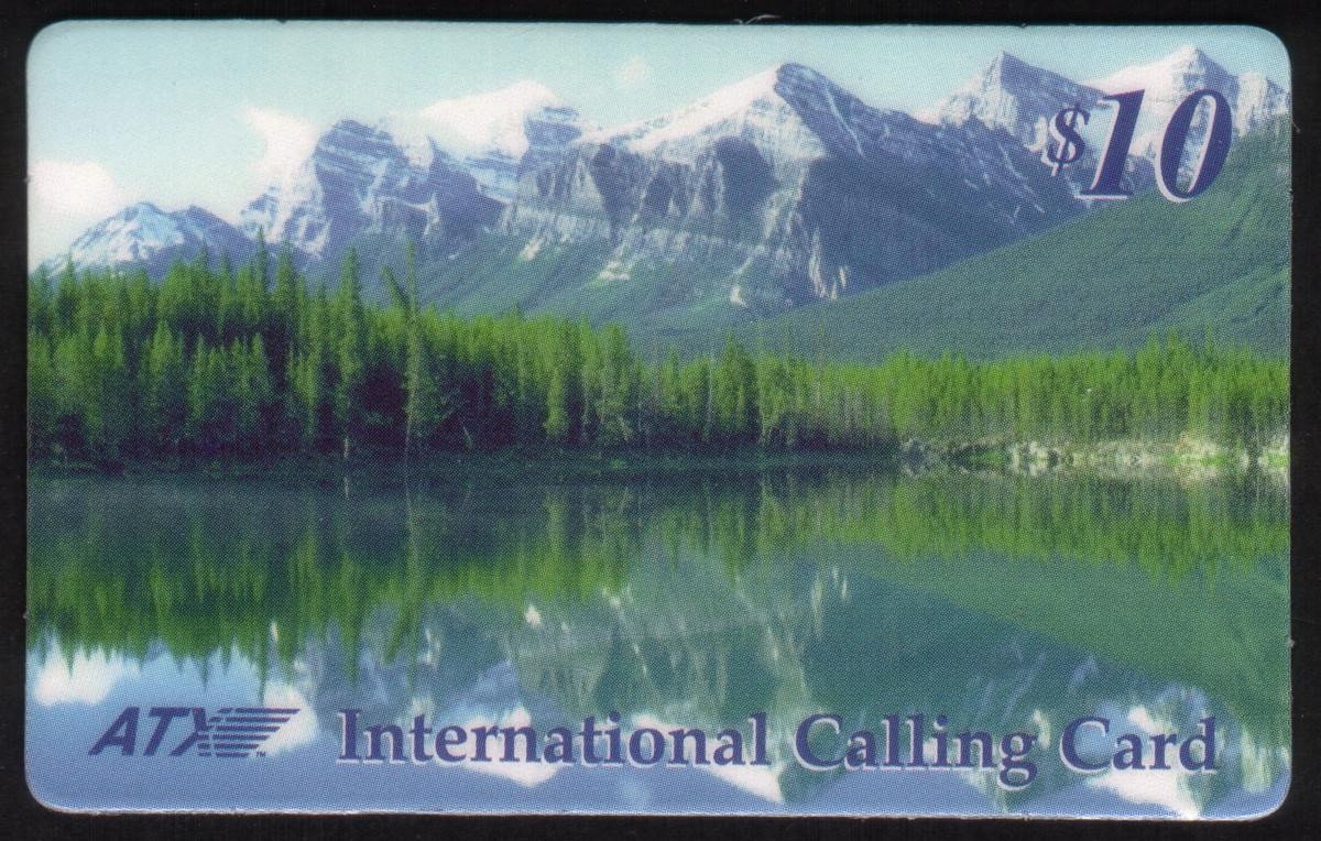 $10. Scheda telefonica vista panoramica sull'acqua della foresta, lago e montagne innevate
