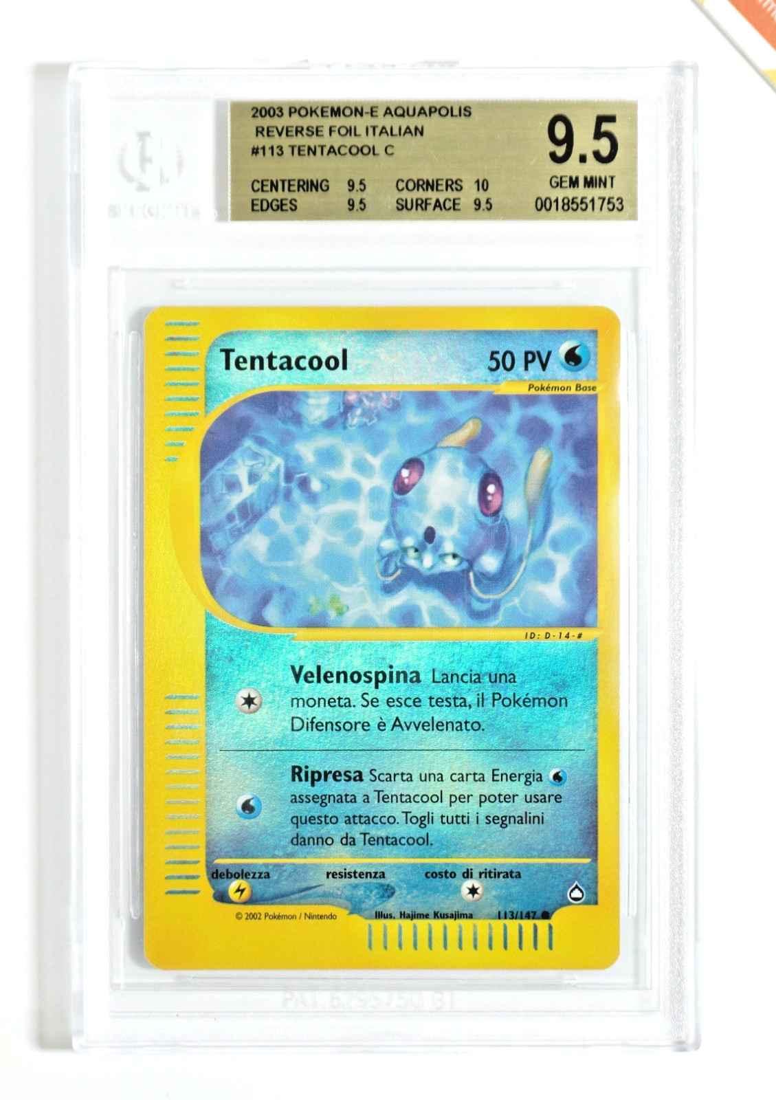 Pokemon BGS 9.5 Tentacool #113 Reverse Foil  Aquapolis 2003 Italiano