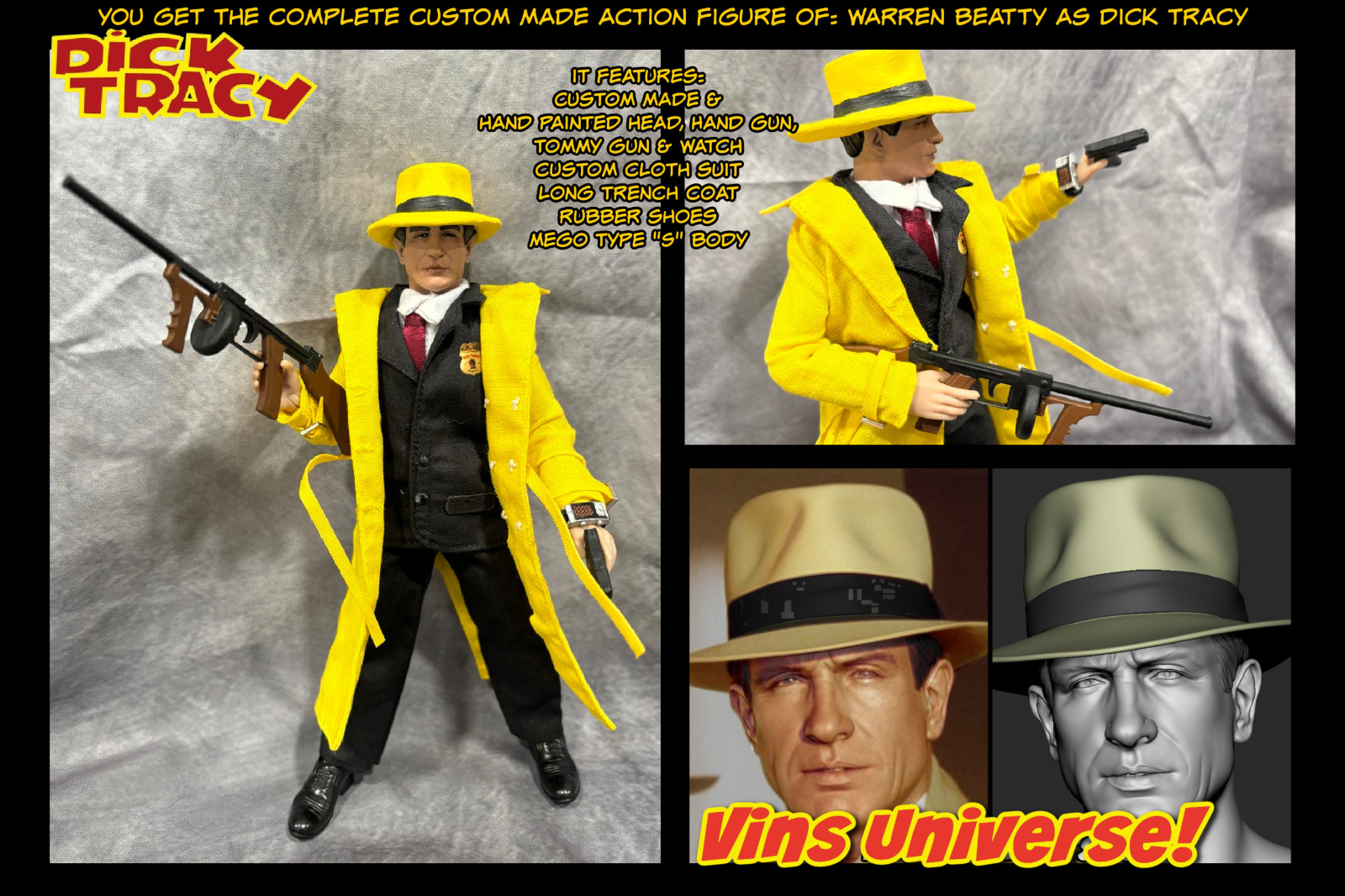 Custom 8" Mego Scale Warren Beatty Detective Dick Tracy Action Figure With Box
