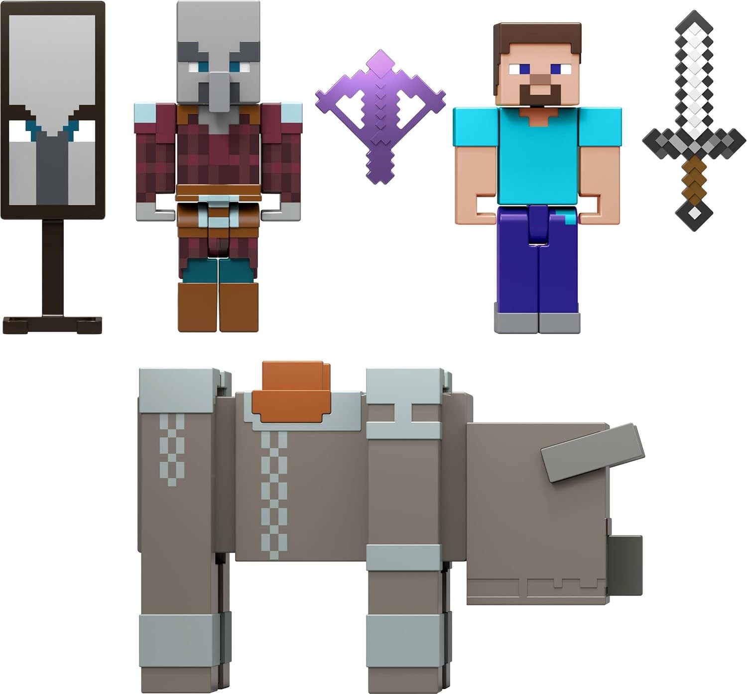 Minecraft Village Raid Pack Modellino Steve, Raid Captain e Ravager 3 pollici