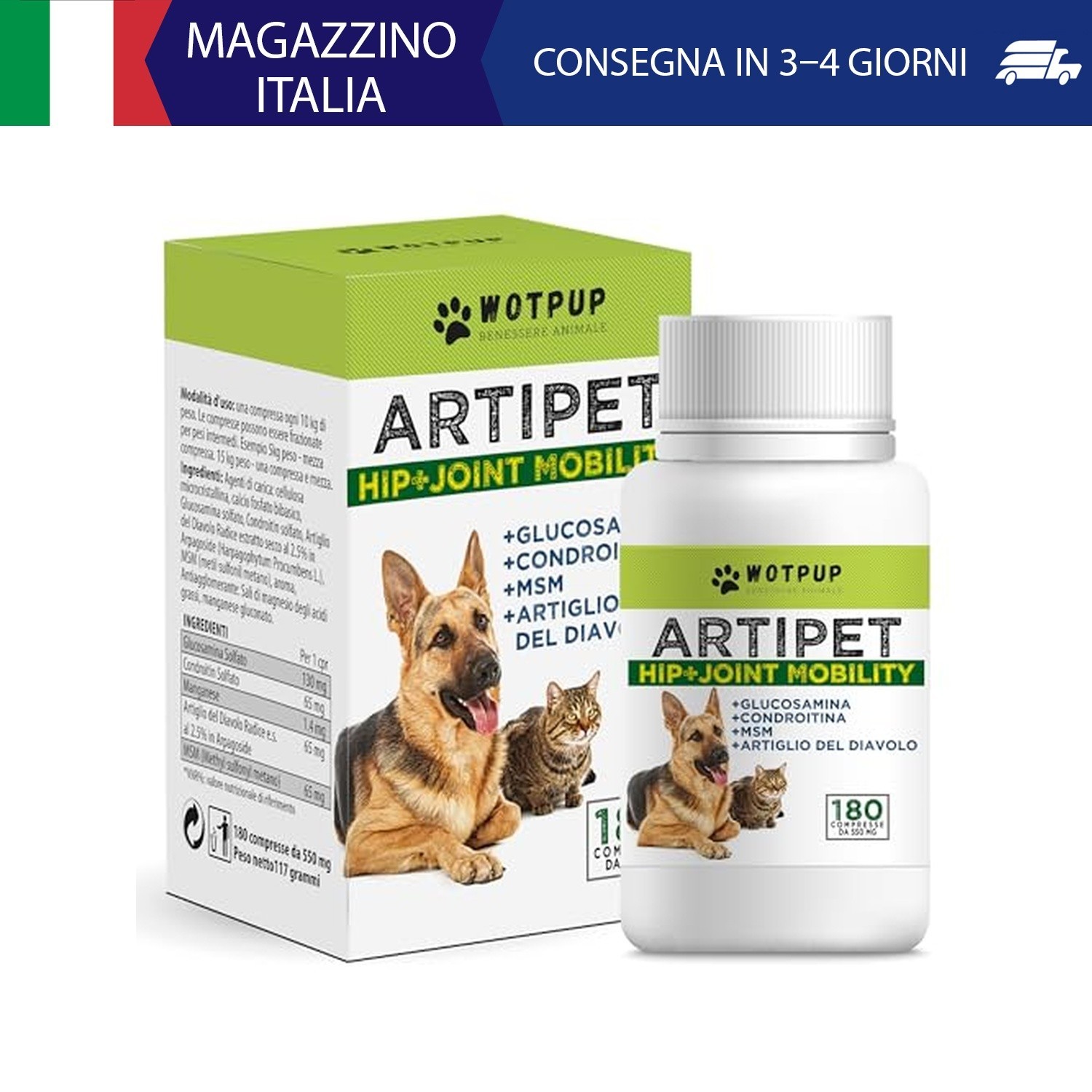 Artipet, integratore per articolazioni cani | 180 compresse da 550mg con MSM, Ar