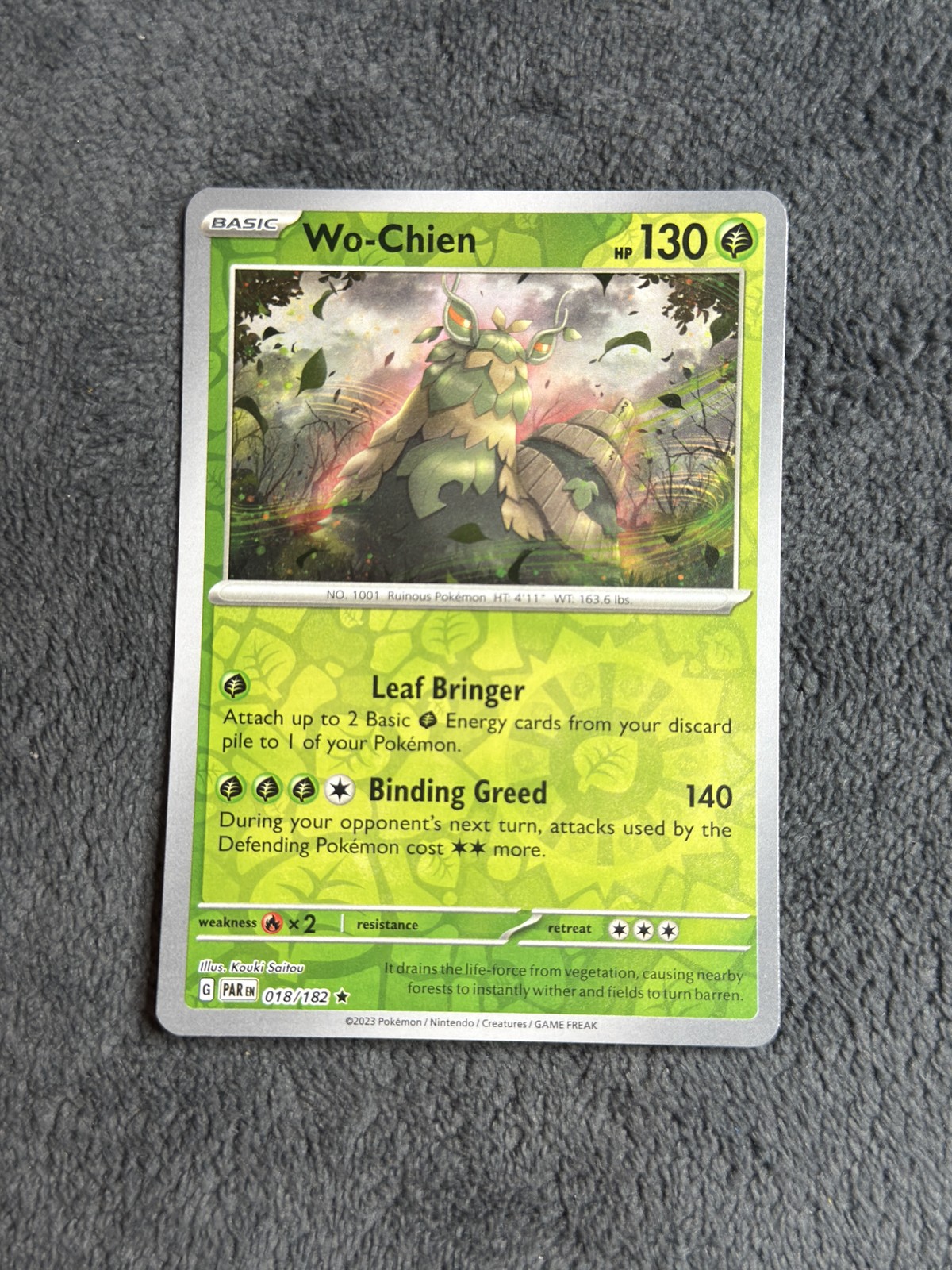 Wo-Chien Raro Reverse Holo Paradox Rift PAR 018/182 Pokemon quasi nuovo 2023
