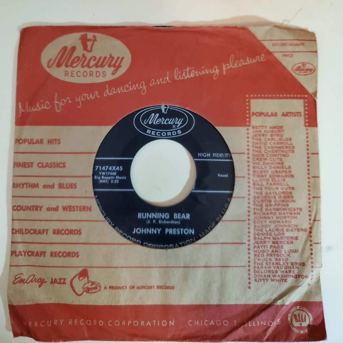 Johnny Preston RUNNING BEAR / MY HEART KNOWS (ROCK 45)#71474 PLAYS VG++ NO NOISE