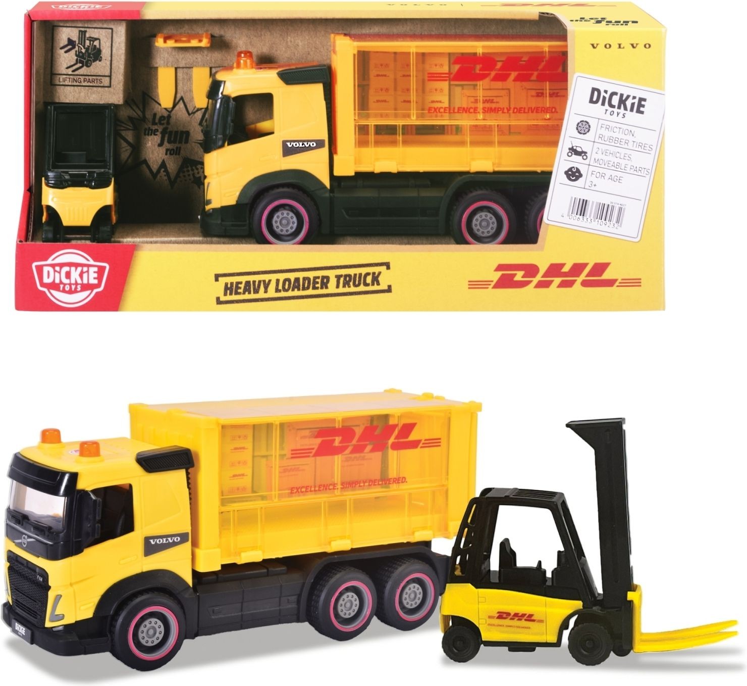 Merchandising Dickie Toys: Dhl Heavy Loader Truck Camion + Muletto Cm. 23