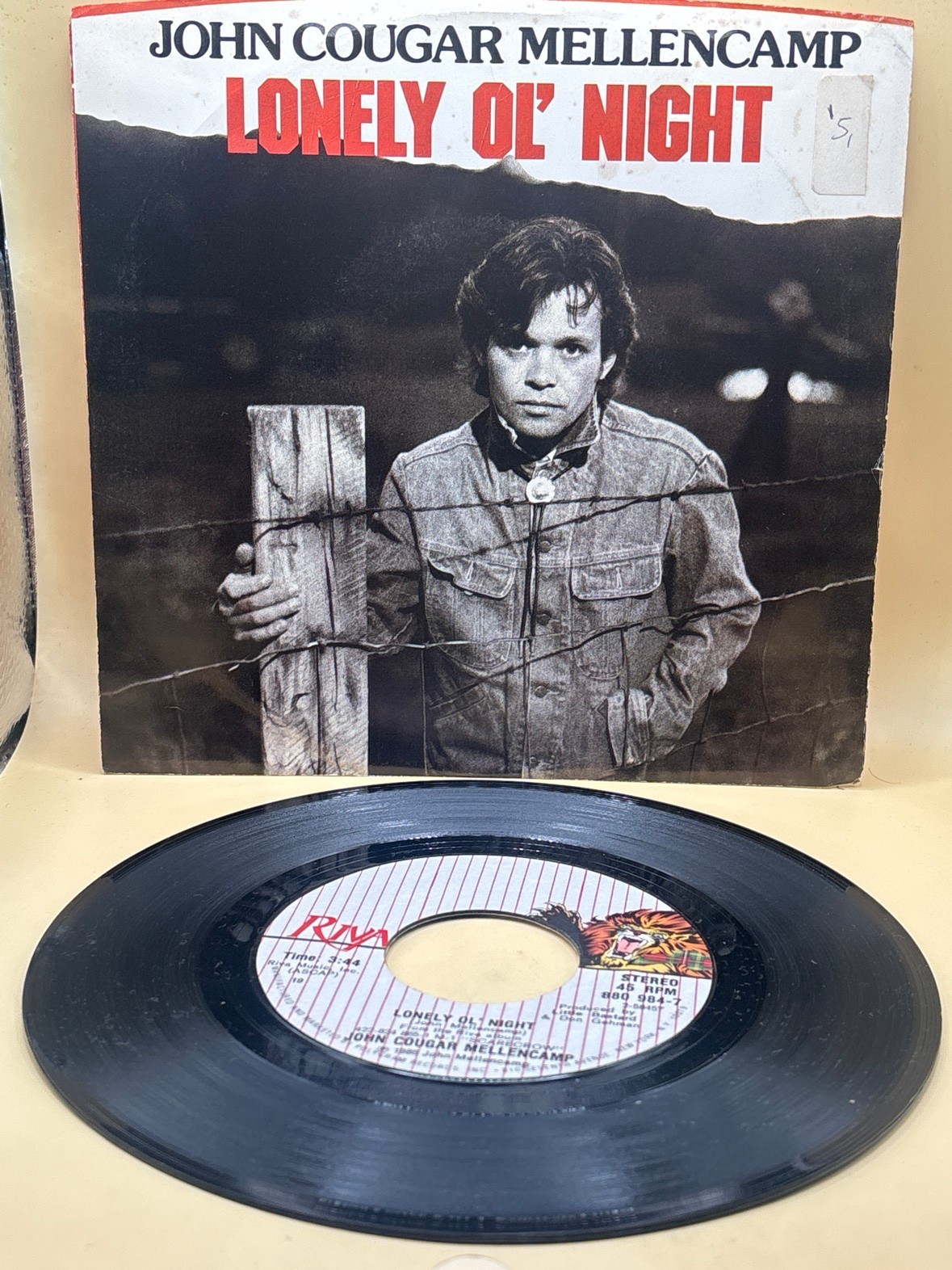 John Cougar Mellencamp Lonely Ol Night 45 RPM 7 Inch Vinyl Picture Sleeve Riva