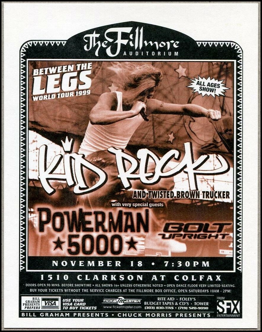 1999 Kid Rock Fillmore Handbill The Family Values Tour Limp Bizkit Primus Redman
