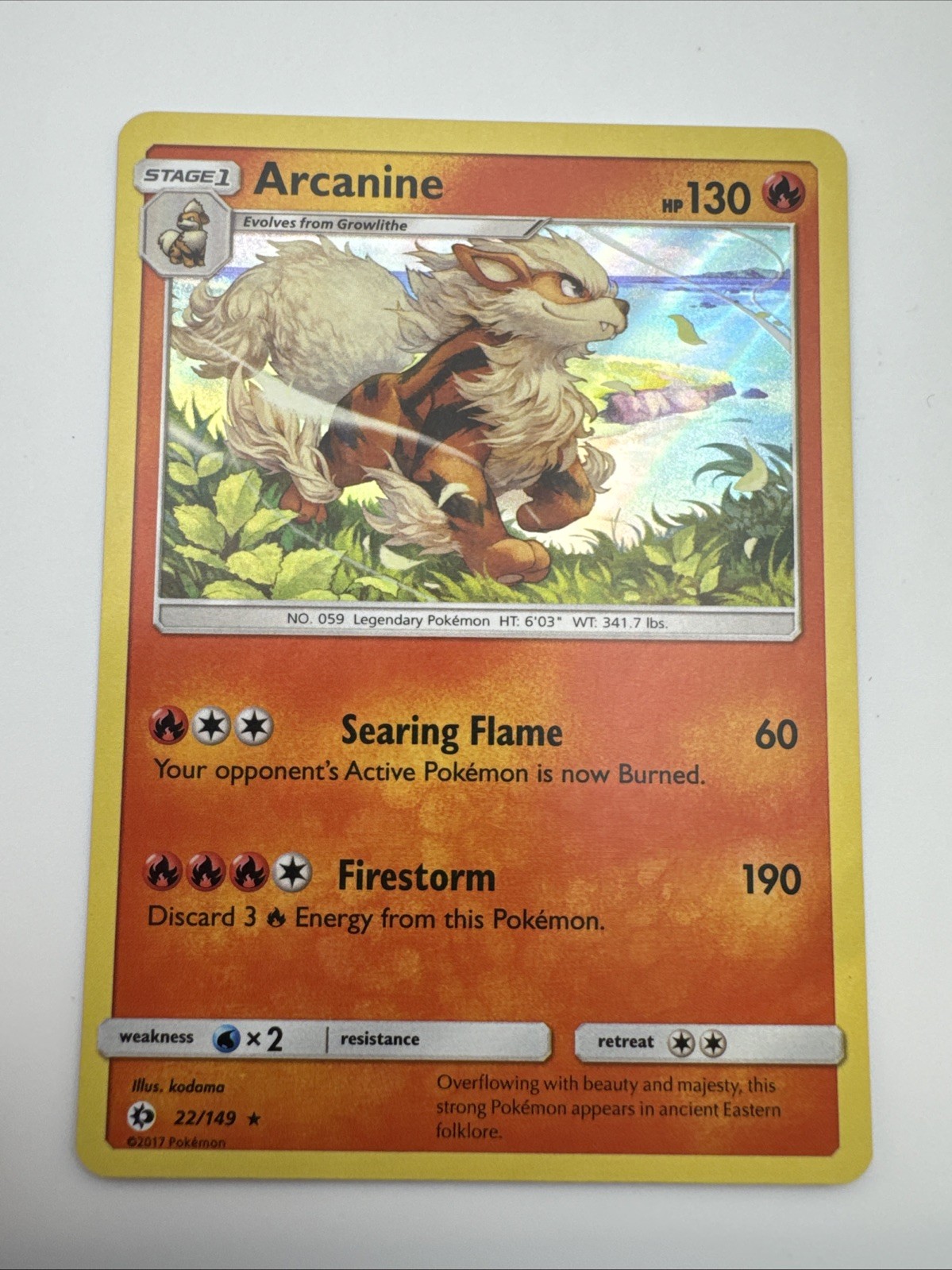 Pokemon Card Arcanine Sun & Moon Holo Rare 22/149 Near Mint