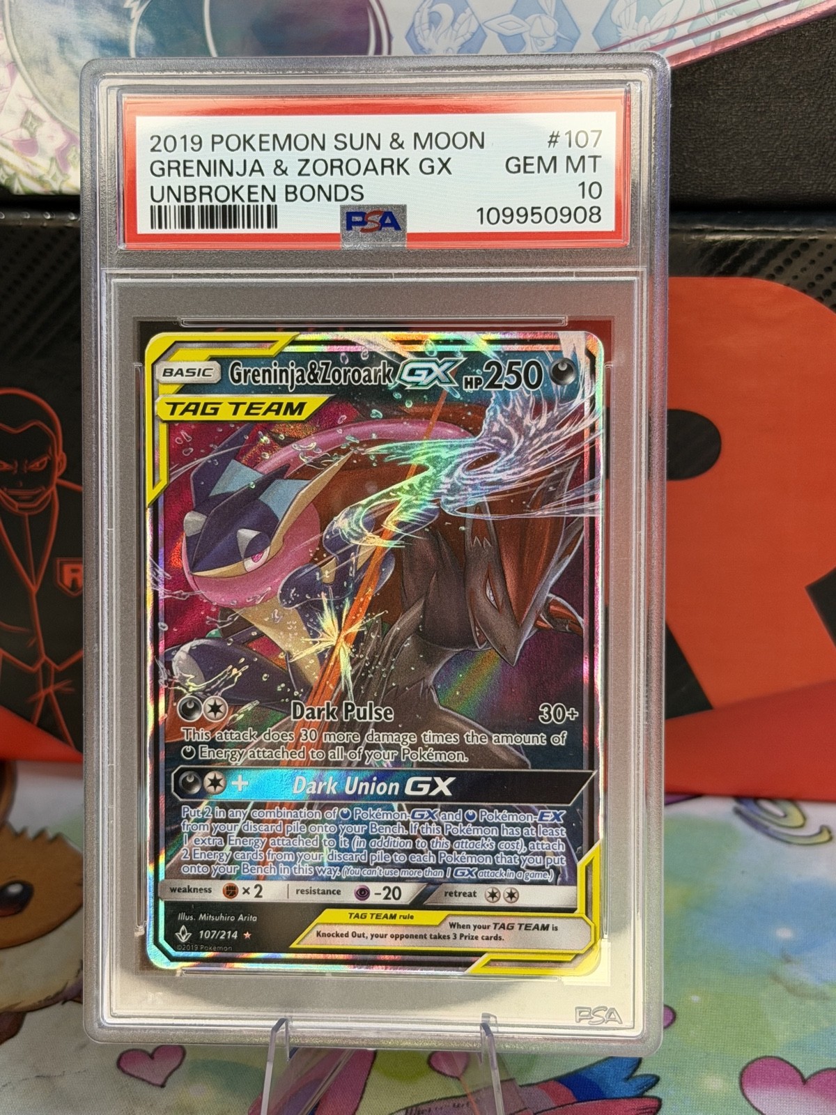 Greninja & Zoroark GX 107/214 Sm-Unbroken Bonds Holo PSA 10