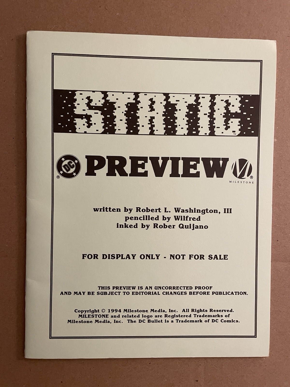 Static #16 Milestone Anteprima Libretto Rober Quijano Art 1994 DC Comics Wilfred