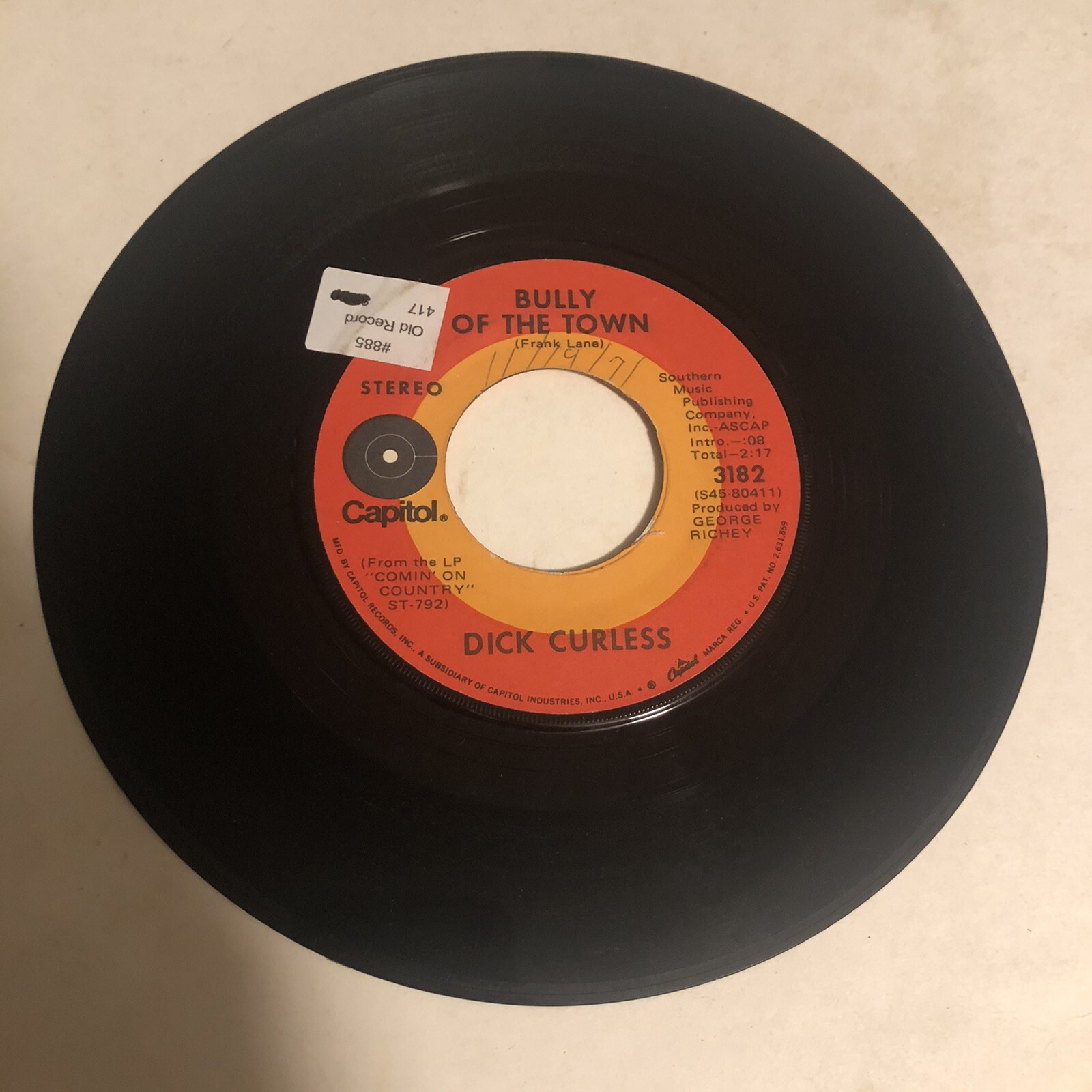 Dick Curless 45 Vinyl Record Bully Of The Town Snap Your Fingers