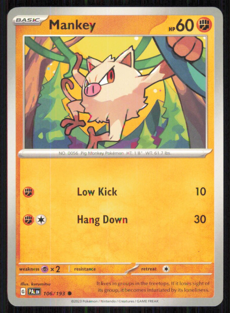 Mankey 106/193 Pokemon comune Paldea evoluto leggermente giocato