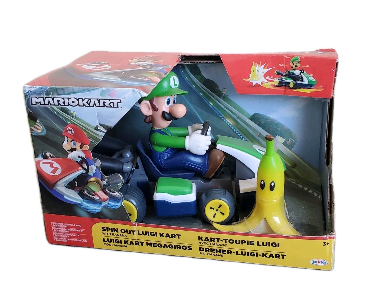 Mario Kart Luigi Jakks Véhicule Toupie Kart 13cm Banane Neuf Boîte Scellée