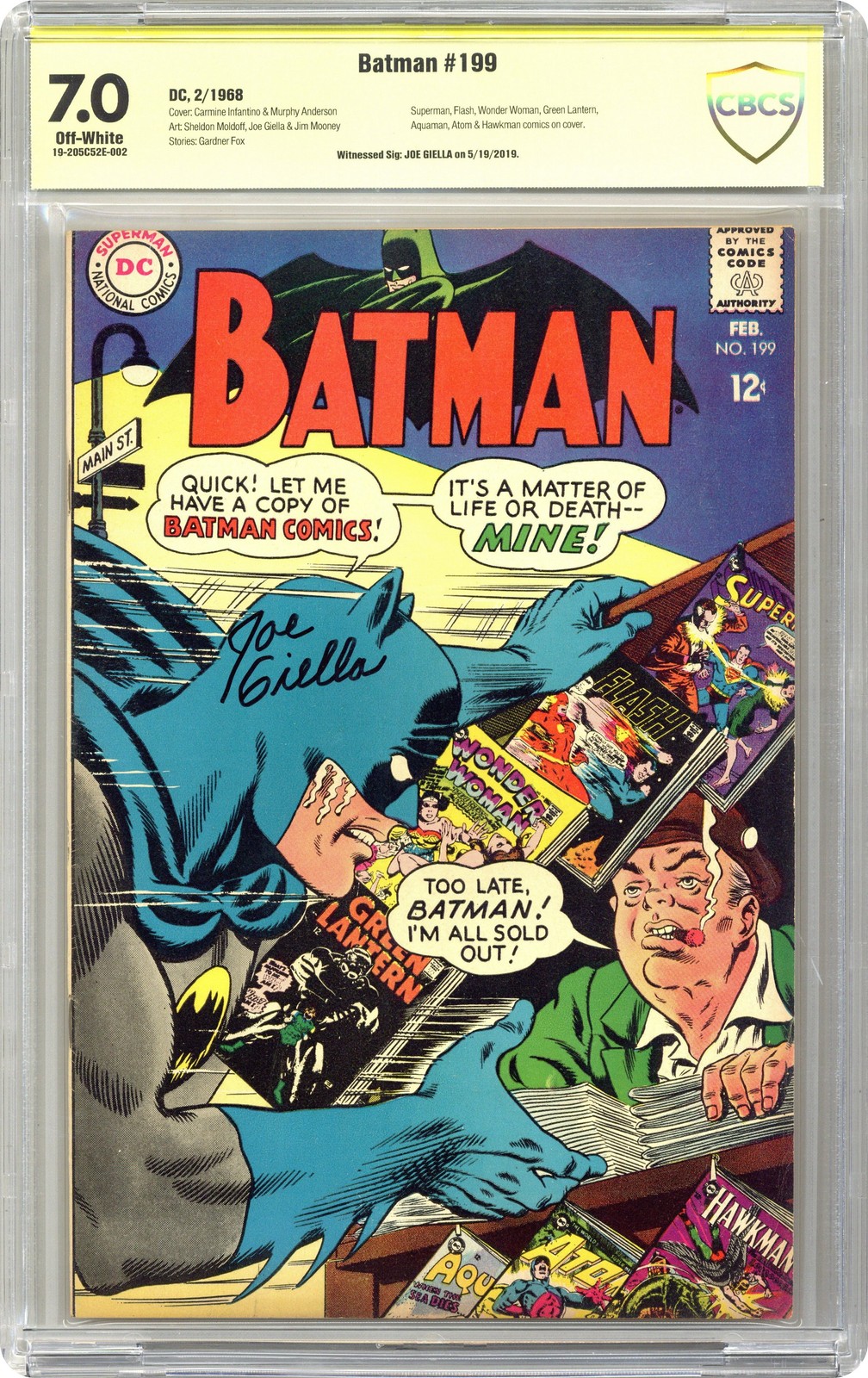 Batman #199 CBCS 7.0 Testimone Sig Giella 1968 19-205C52E-002
