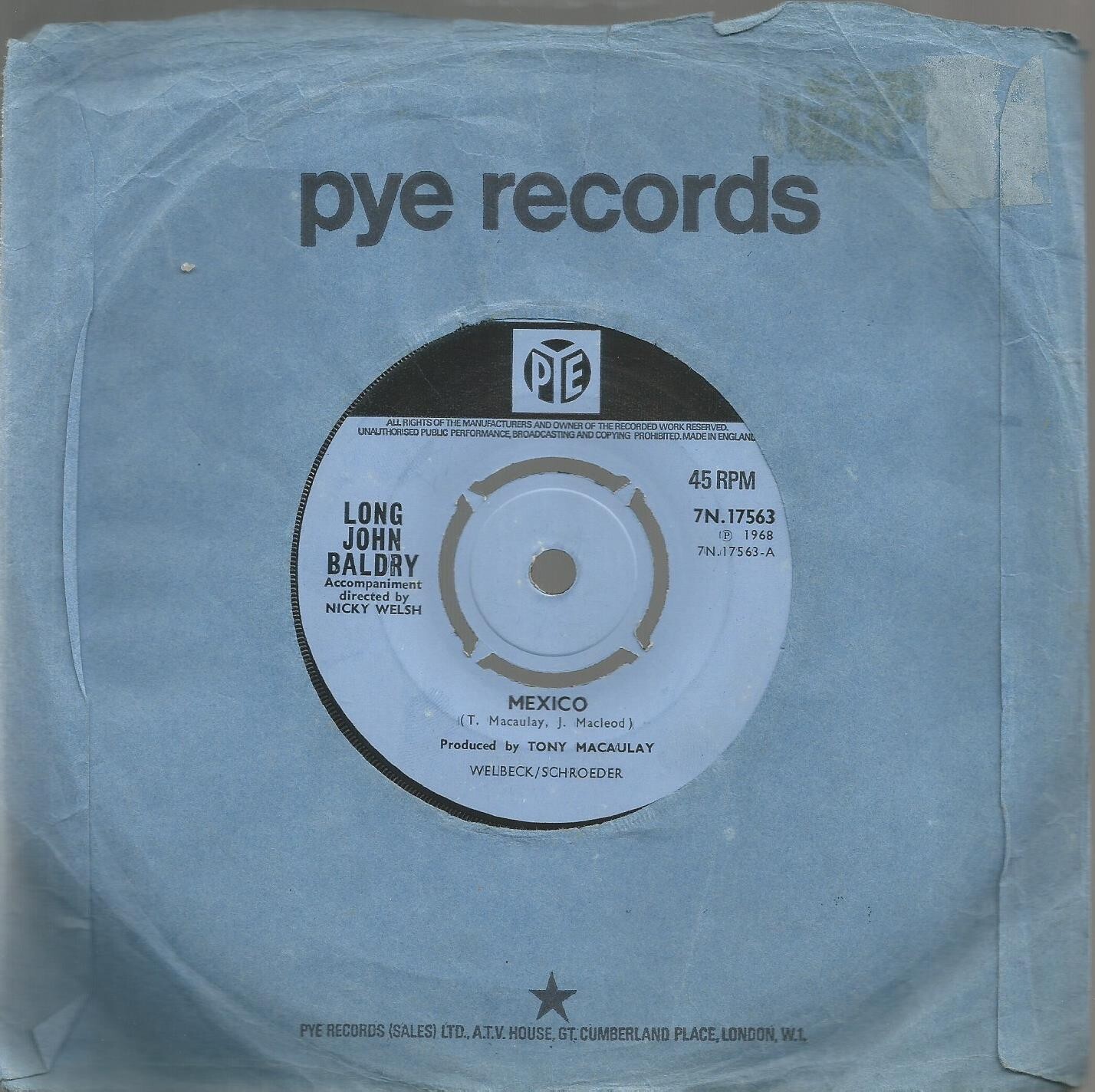 Long John Baldry - Mexico 1968 Pye Records 7 inch vinyl single