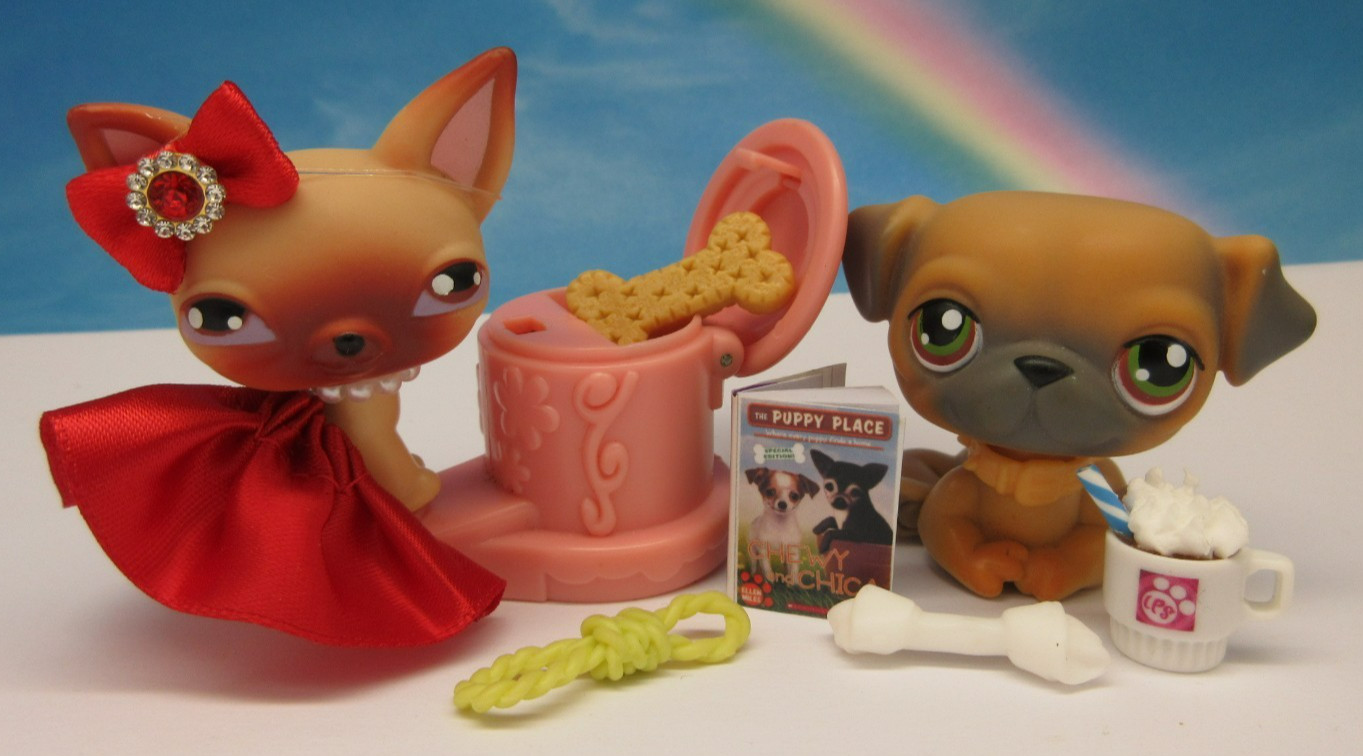LITTLEST PET SHOP #1 & #2 SET ACCESSORI PER CUCCIOLI CHIHUAHUA & PUG PRIMISSIMI ANIMALI