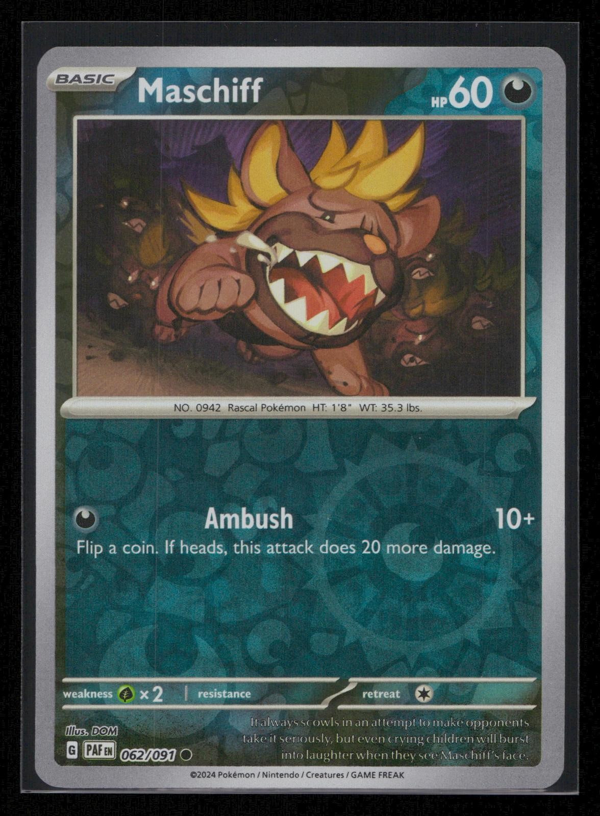 Maschiff 062/091 Common Paldean Fates Pokemon Reverse Holo Near Mint