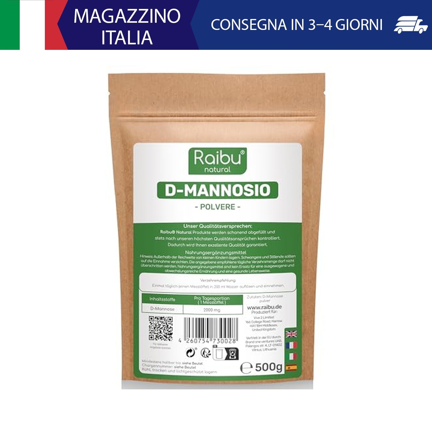 D-Mannosio puro in Polvere 500g – Raibu D Mannosio Polvere Confezionato e Testat