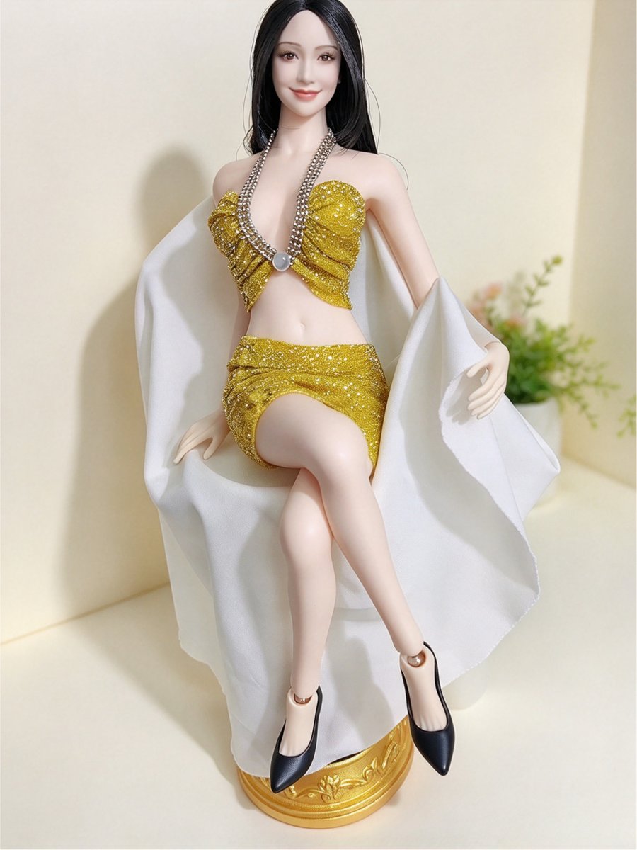 Modellino abito da sera giallo lucido scala 1/6 vestibilità action figure femminili 12''