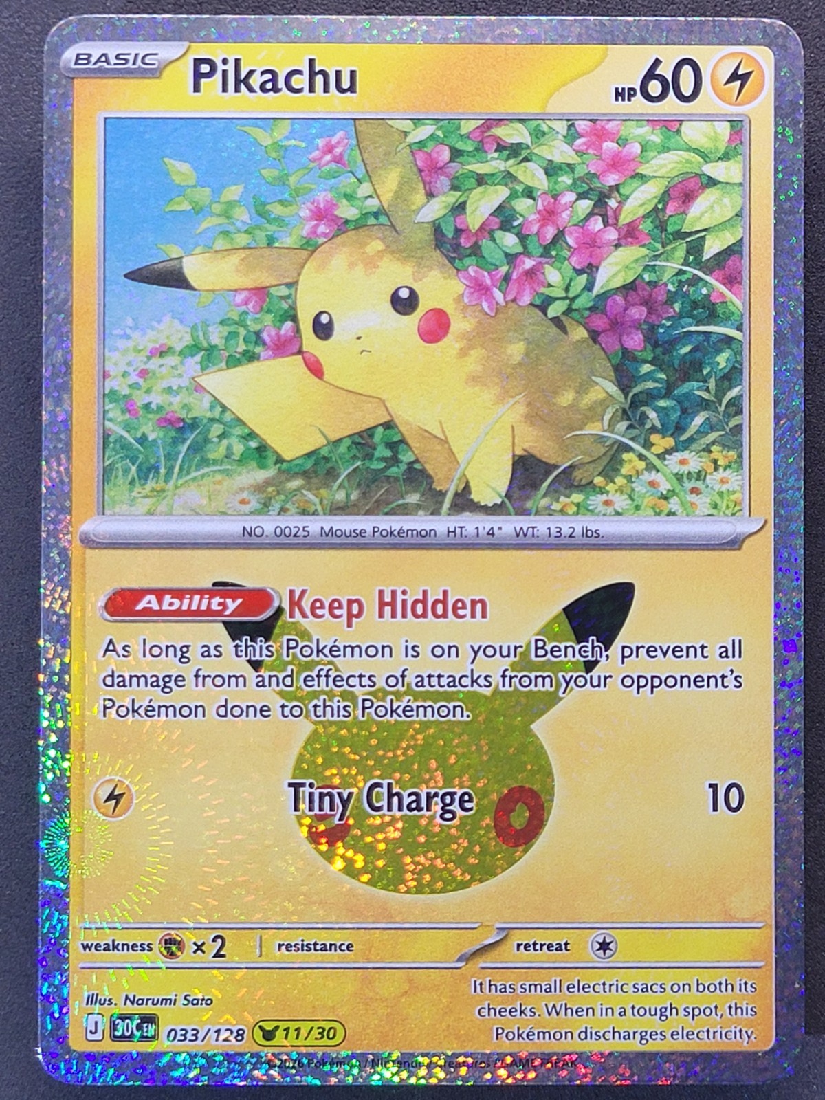 Pikachu 033/128 Pikachu Rara 11/30 30° Anniversario Collezione Pokemon TCG