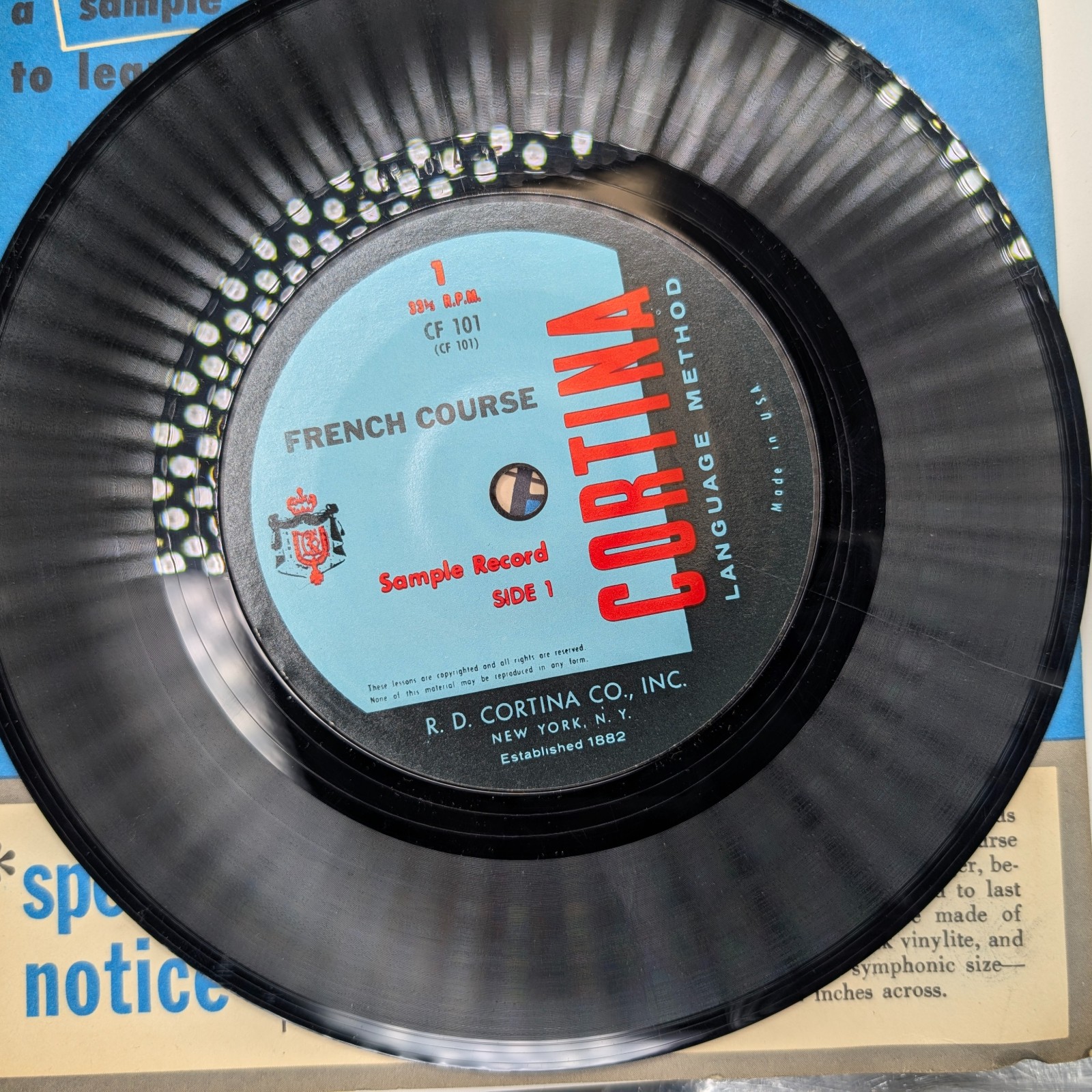 1962 R. D. Cortina French Course Sample Record CF 101 33 RPM Language Lessons
