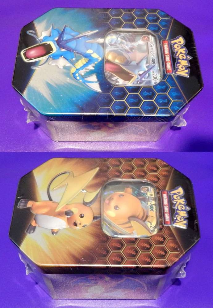 Pokemon 2 x Hidden Fates Tin Box Gyarados GX & Raichu GX inglese nuovo IMBALLO ORIGINALE sigillato