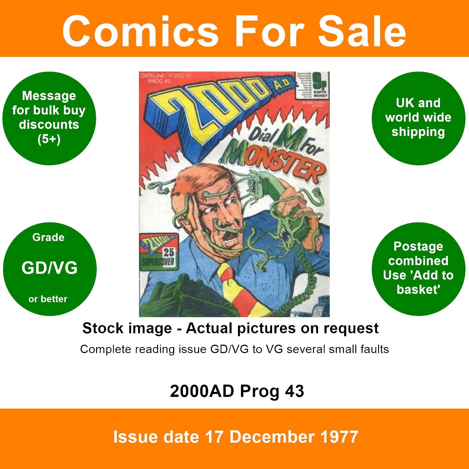 2000AD prog #43 comic - GD/VG - Supercover - 17 December 1977