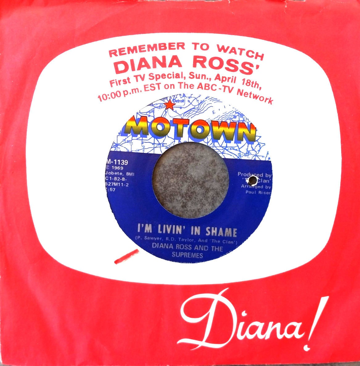 DIANA ROSS & SUPREMES- I'M LIVING IN SHAME B/W I'M SO GLAD "SPECIAL SLV" 1969