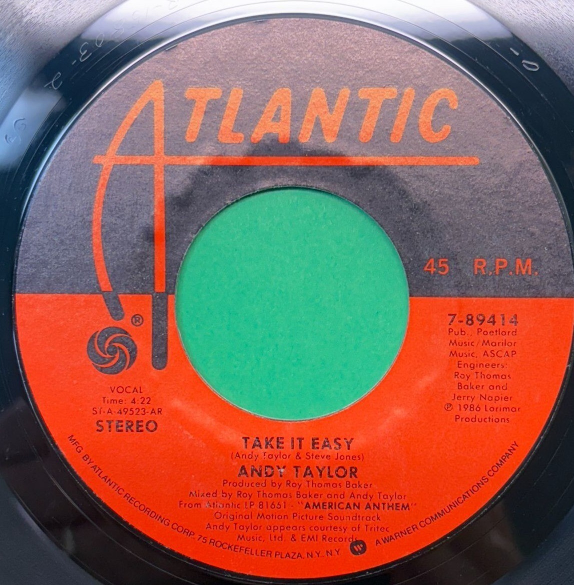 Andy Taylor Take It Easy / Angel Eyes 45 Rock 1980s American Anthem Soundtrack