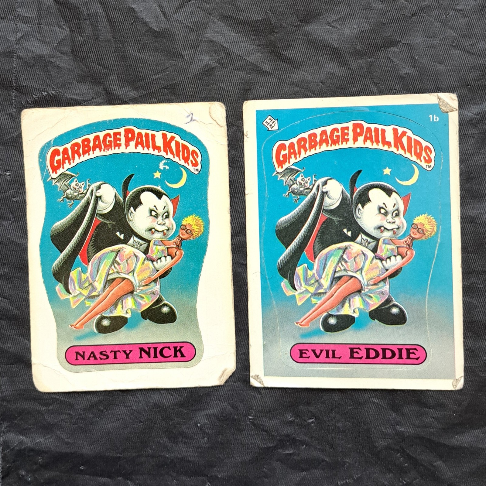 Carte adesive vintage 1985 Topps Garbage Pail Kids Nasty Nick 1a Evil Eddie 1b
