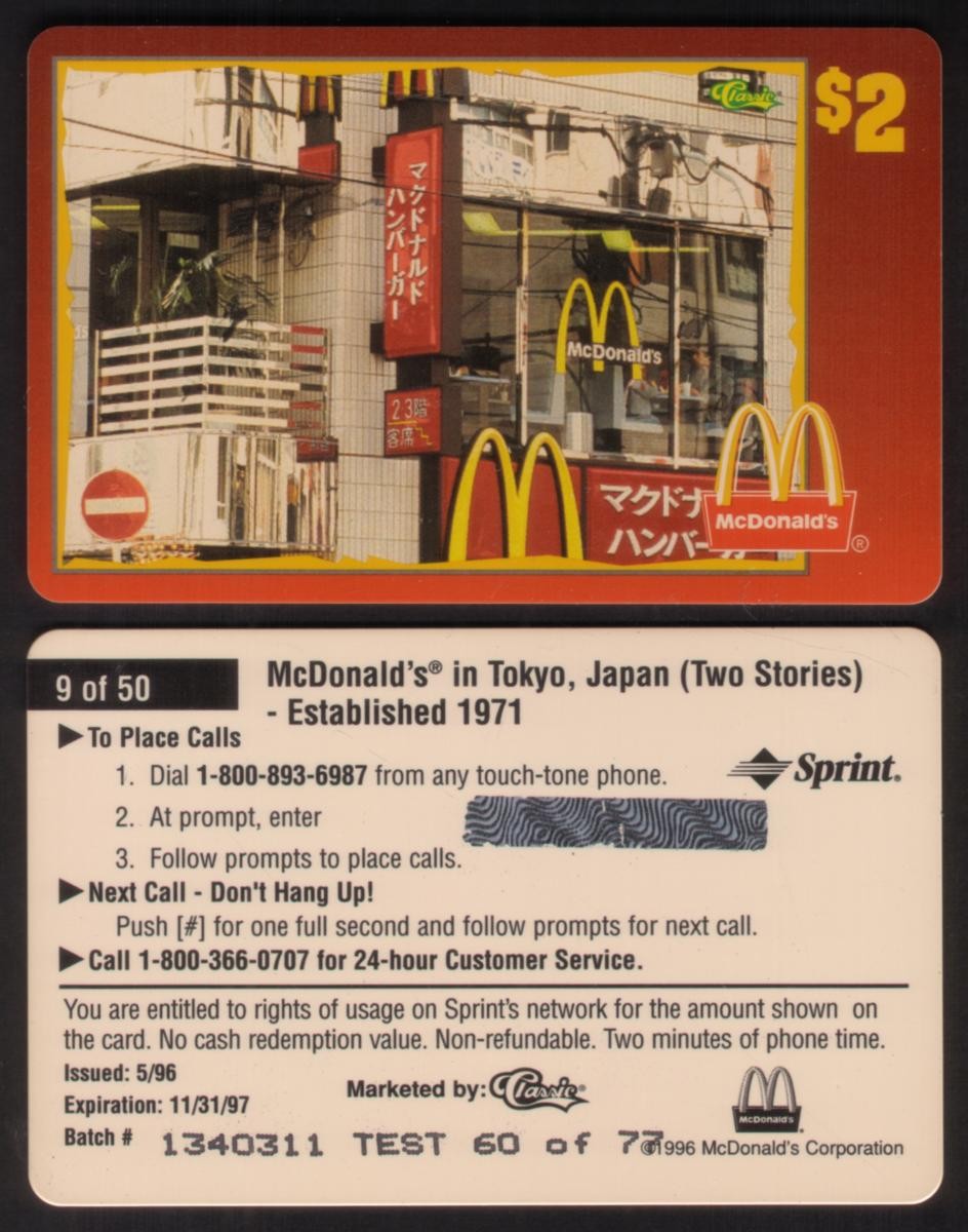Mcdonald's 1996 Mcdonald's IN Tokyo, Giappone (#9 Di 50) Test / 77 Telefono Card
