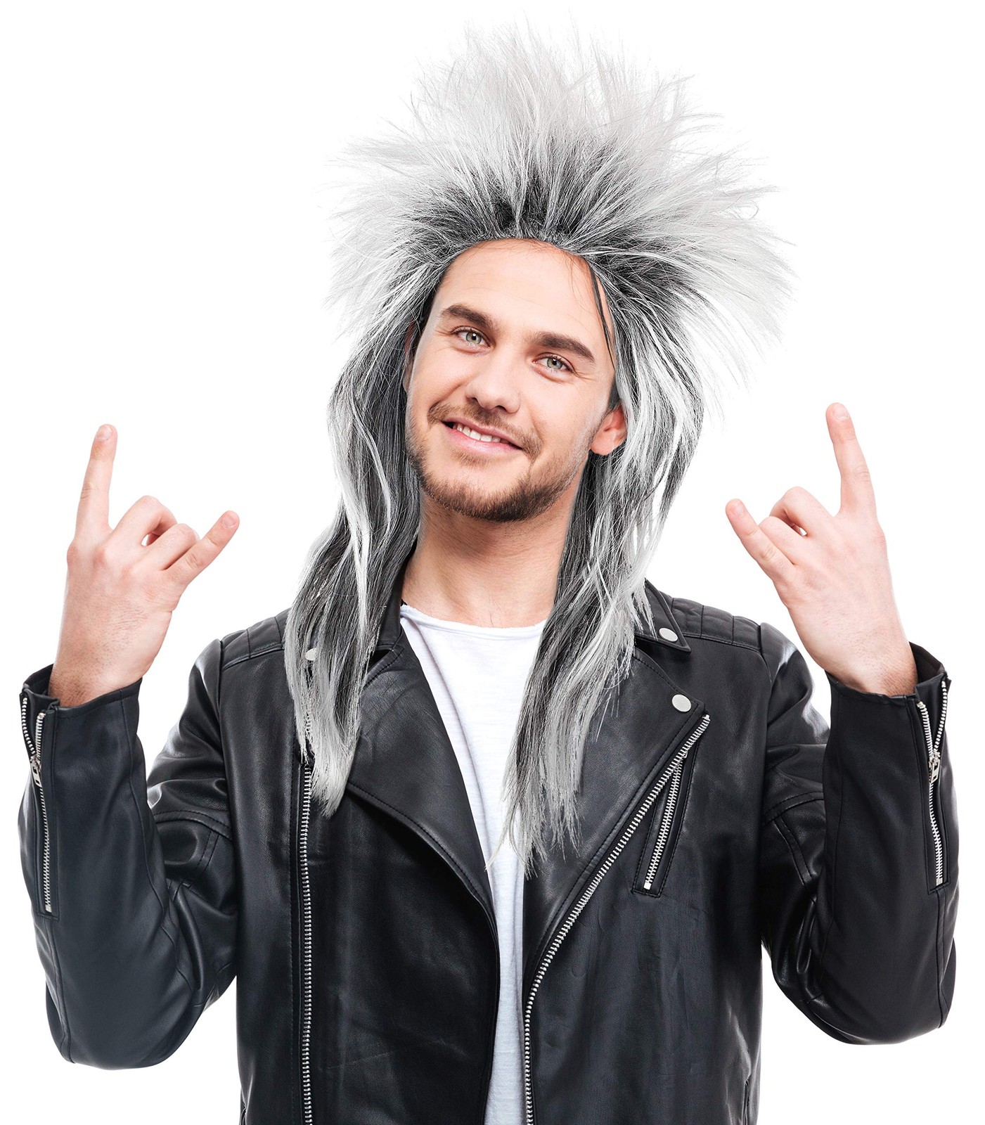 Perruque Rock Noir/Blanc Femmes Hommes Carnaval 80's Wave Punk Popstar Rocker