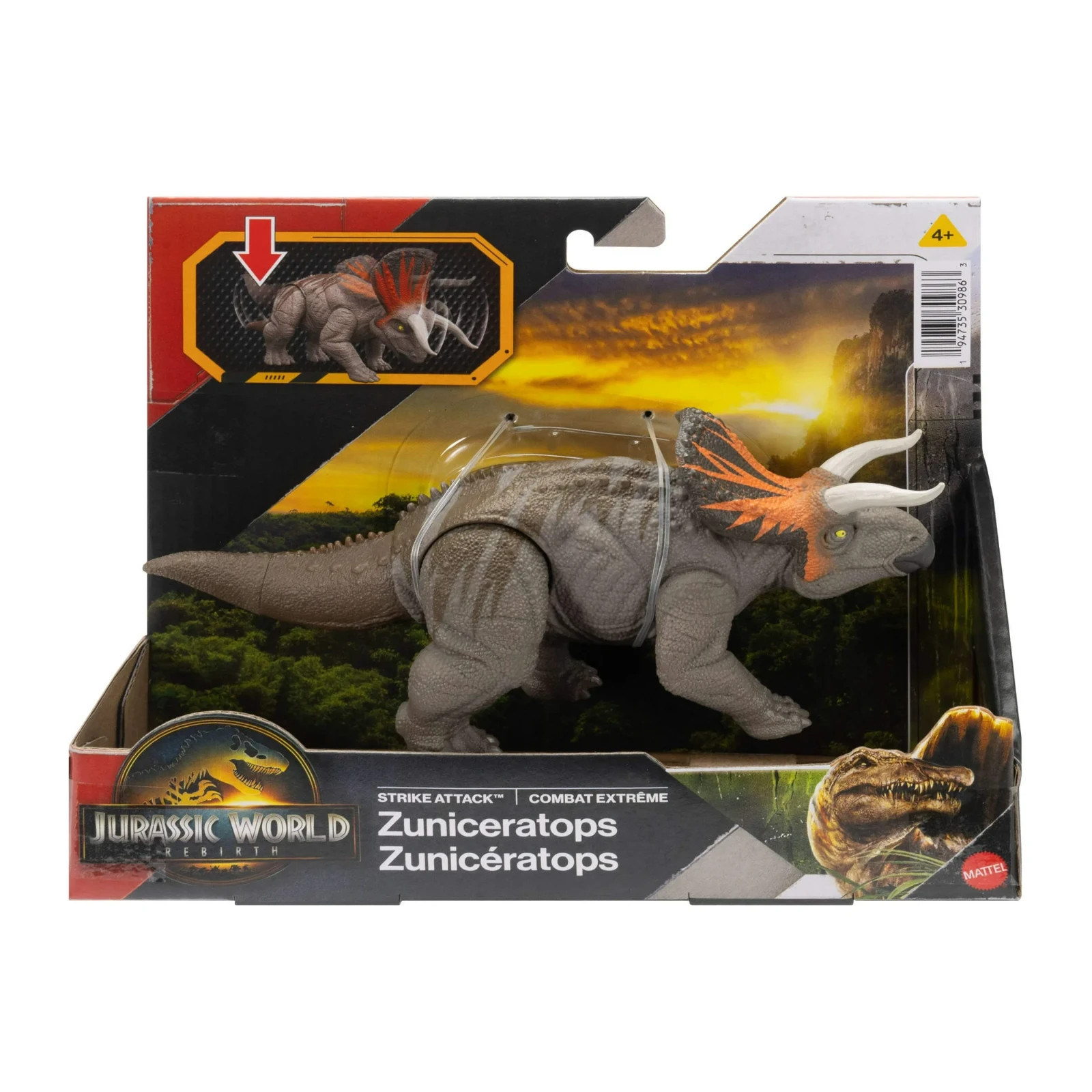 Figura dinosauro Jurassic World Rebirth Zuniceratops Strike Attack, colpo singolo