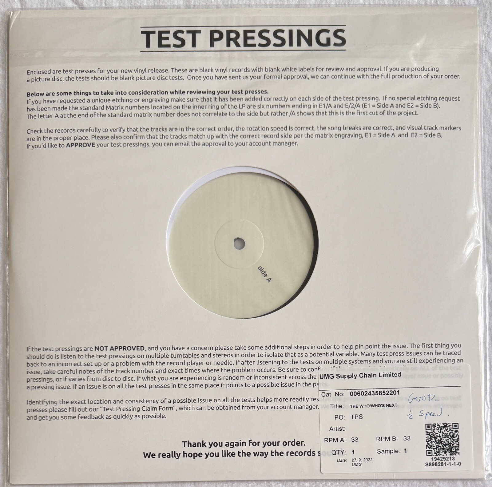 THE WHO -Ultra Rare Test Pressing For “Who’s Next” 2023 Re-issue (Vinyl record)
