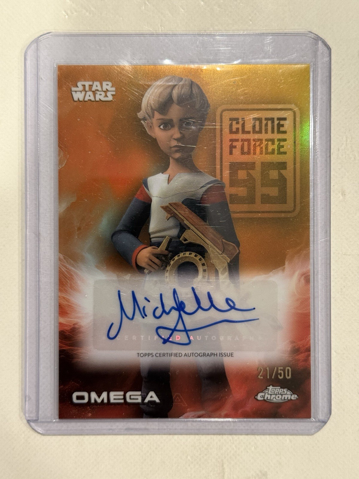 2025 Topps Chrome Star Wars Omega Michelle Ang True Gold /50 Auto SSP lotto difettoso 