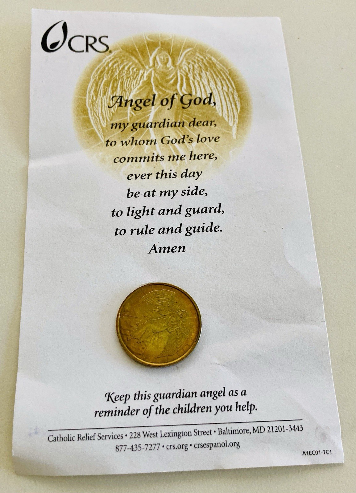 CRS Angel of God Guardian Angel Shiny Gold Colored Coin with Prayer Card