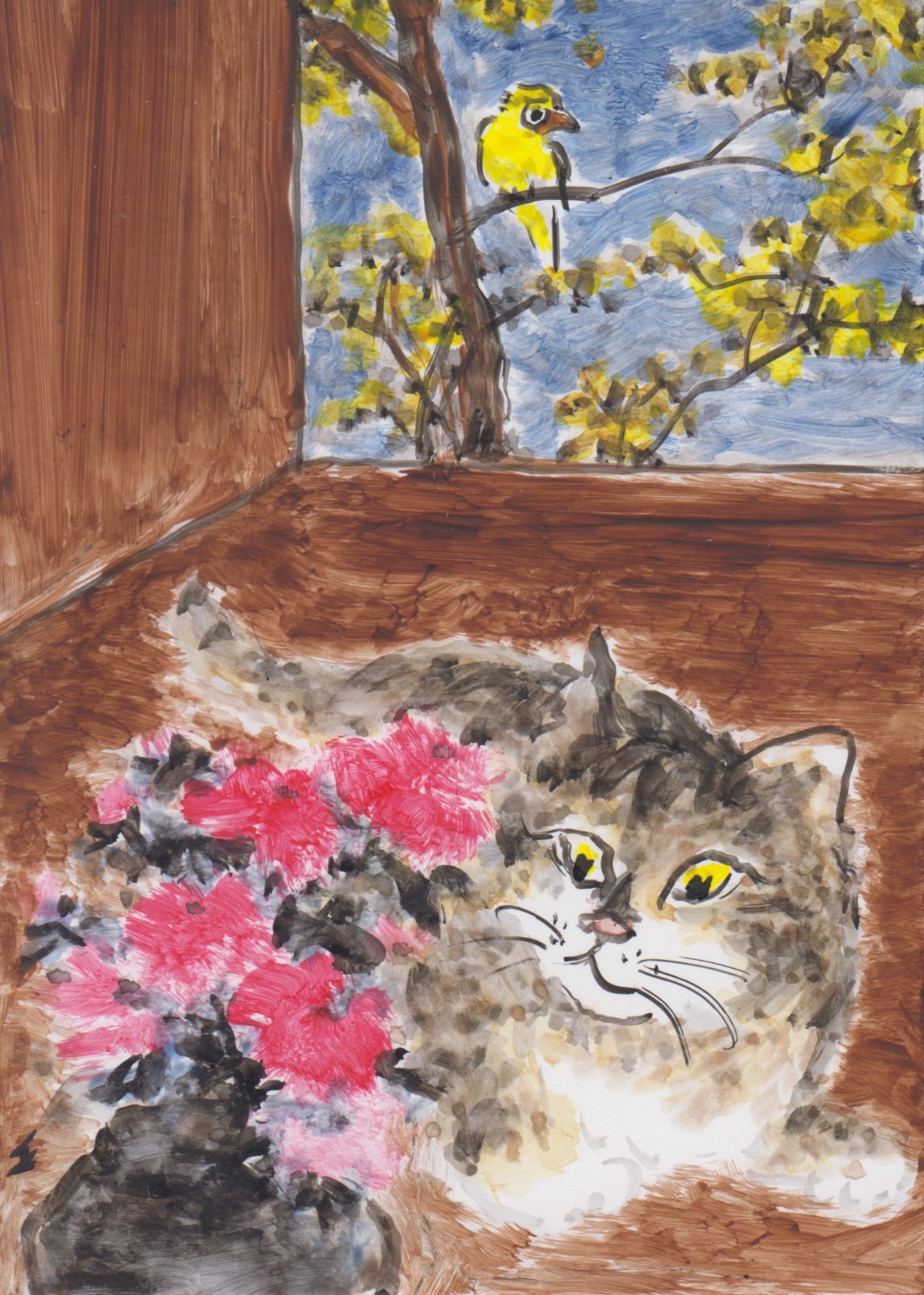 LinLi888 Lin Li's Art ACEO Card Small Original Painting Cat Bird Flower 26100201