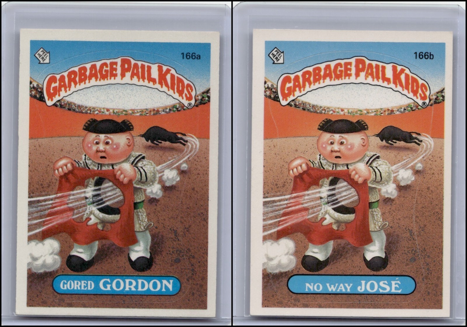 Topps Garbage Pail Kids 1986 serie 4 GORED GORDON 166a & NO WAY JOSE 166b GPK