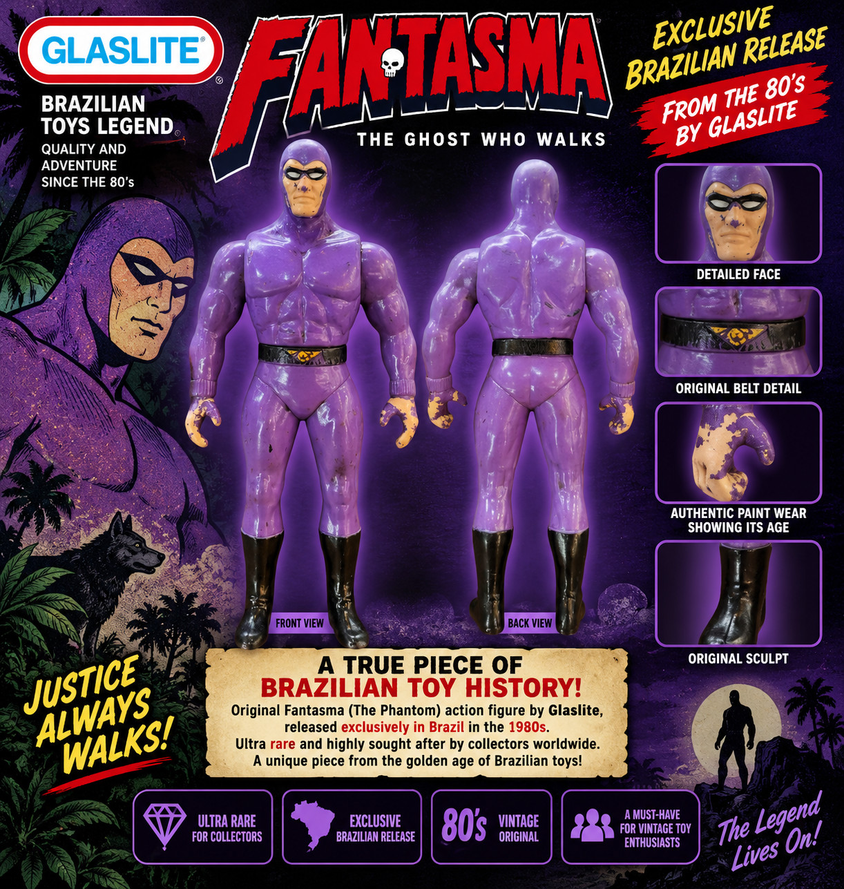 RARA ACTION FIGURE THE PHANTOM GLASSLITE BRAZIL 1997 - VIOLA - VINTAGE - BRASIL