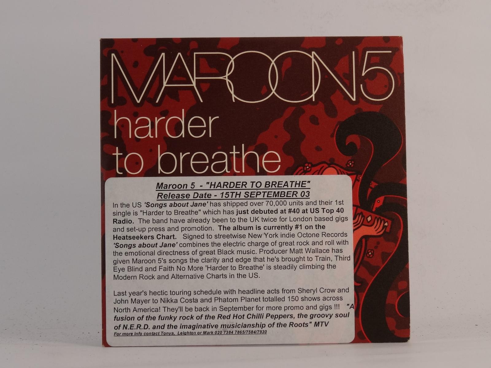 MAROON 5 HARDER TO BREATHE (E67) 1 Track Promo CD Single including Card Sleeve O