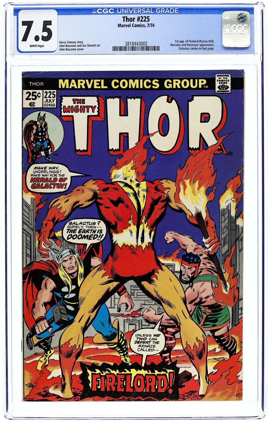 Thor #225 CGC 7.5 1974 3818443002 1st app. Firelord